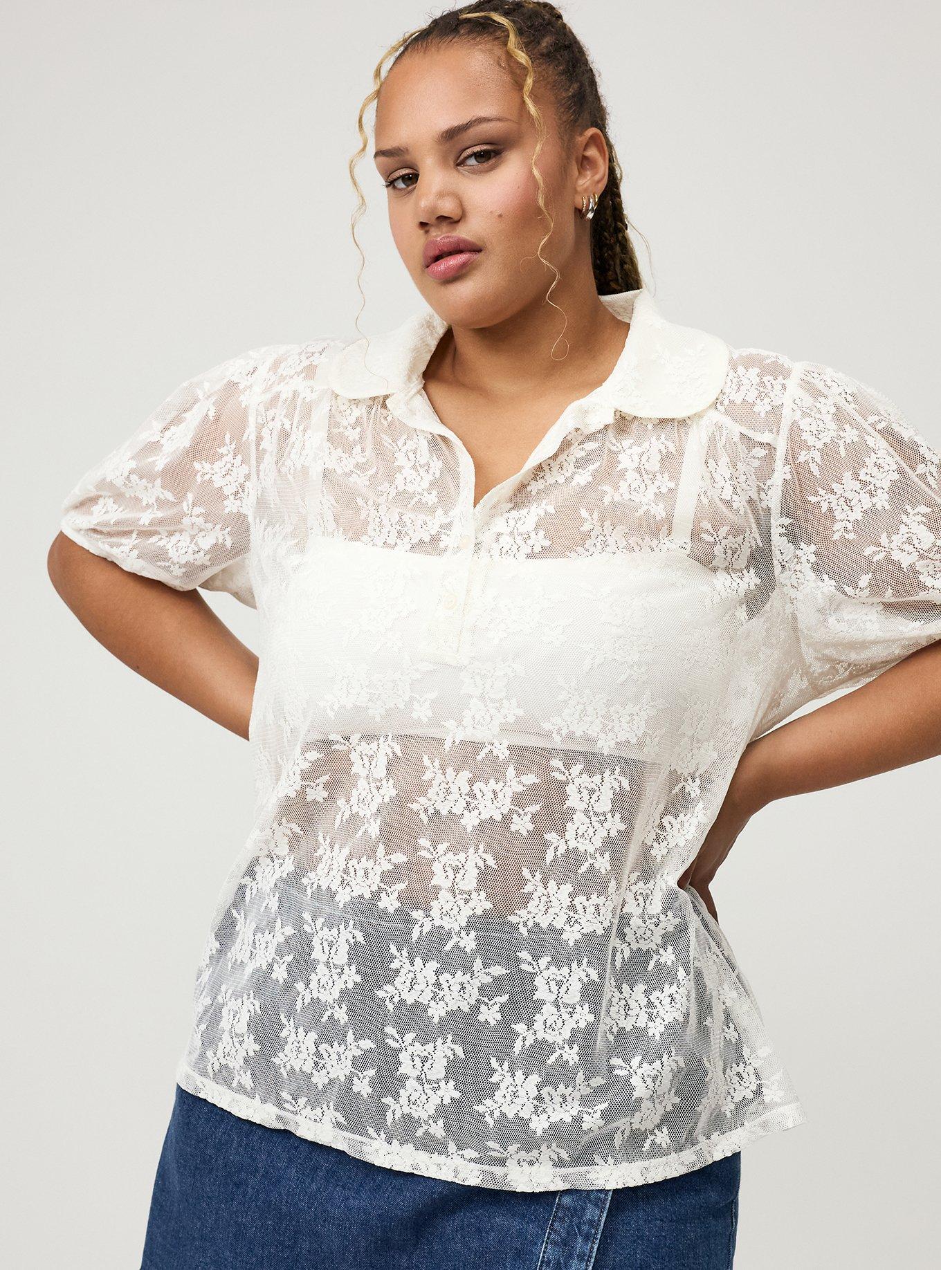 Lace Button-Up Top, WHISPER WHITE, alternate