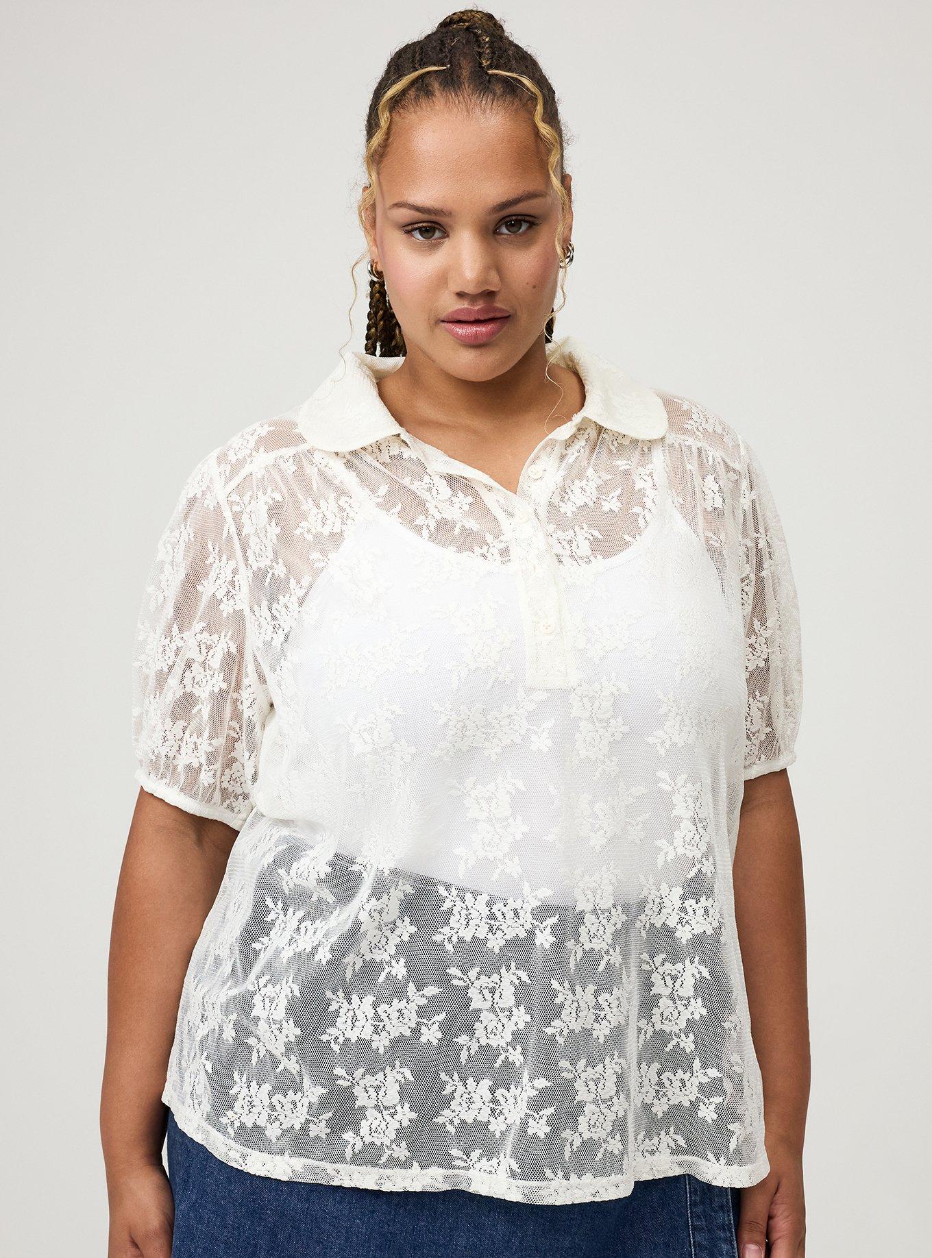 Lace Button-Up Top, WHISPER WHITE, hi-res