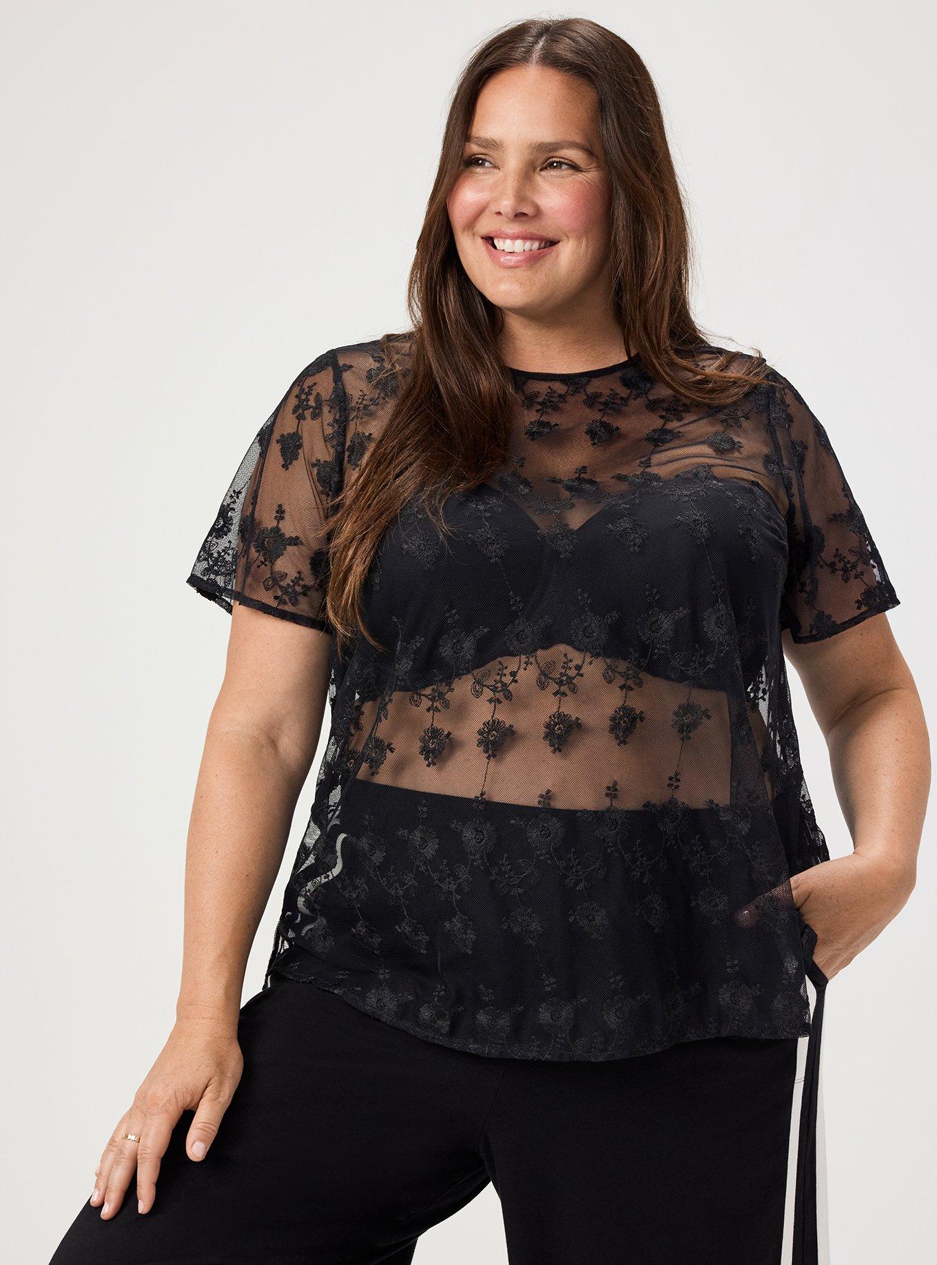 Plus Size Abbey Embroidered Mesh Top, DEEP BLACK, hi-res