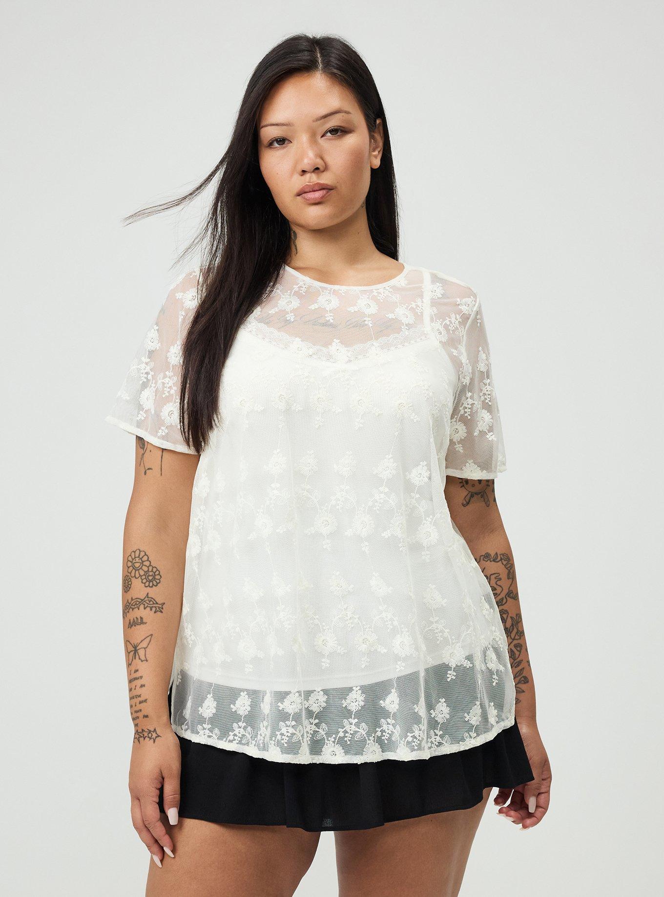 Plus Size Abbey Embroidered Mesh Top, WHISPER WHITE, hi-res