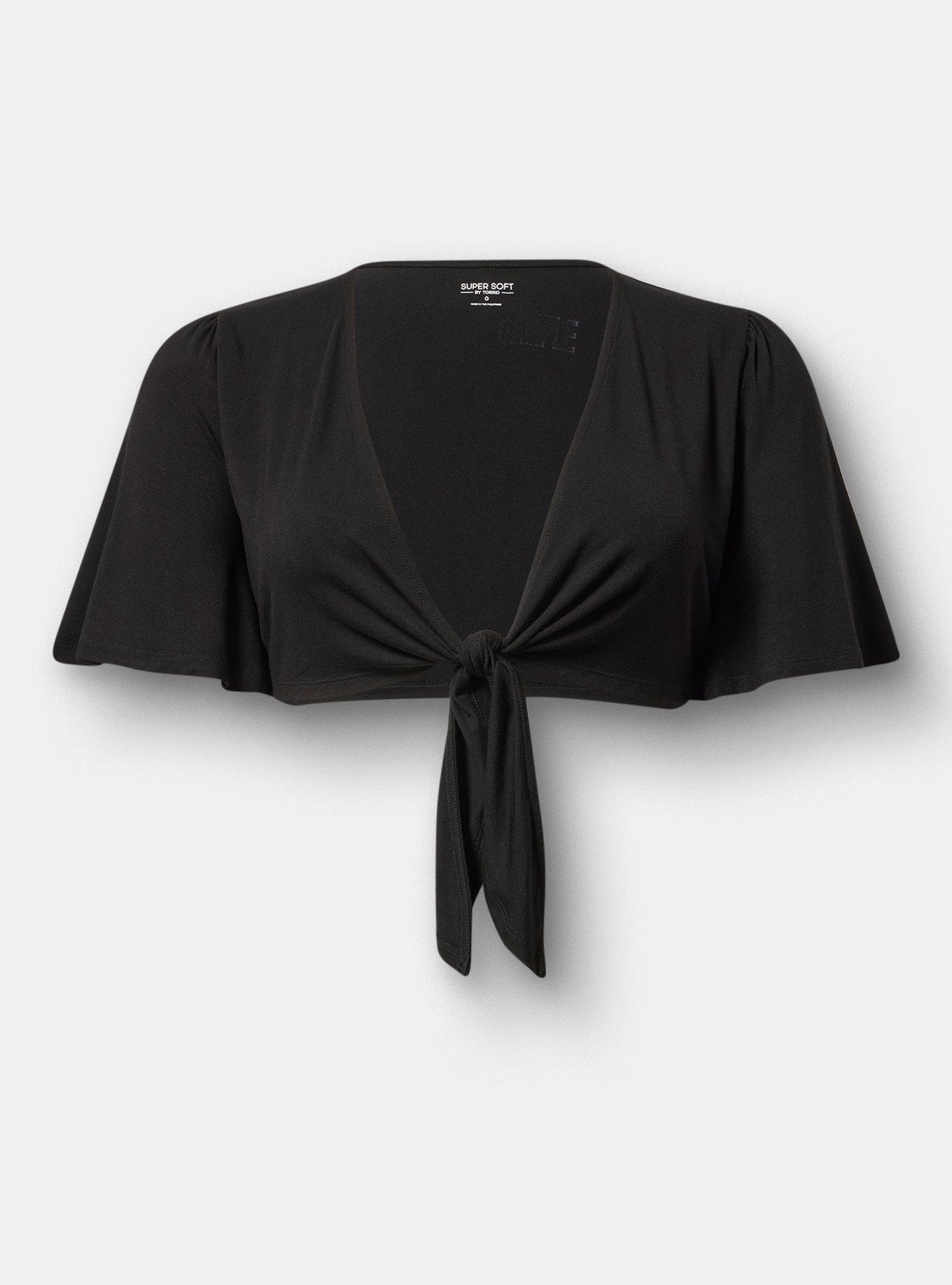 Super Soft Tie Front Shrug, DEEP BLACK, flat