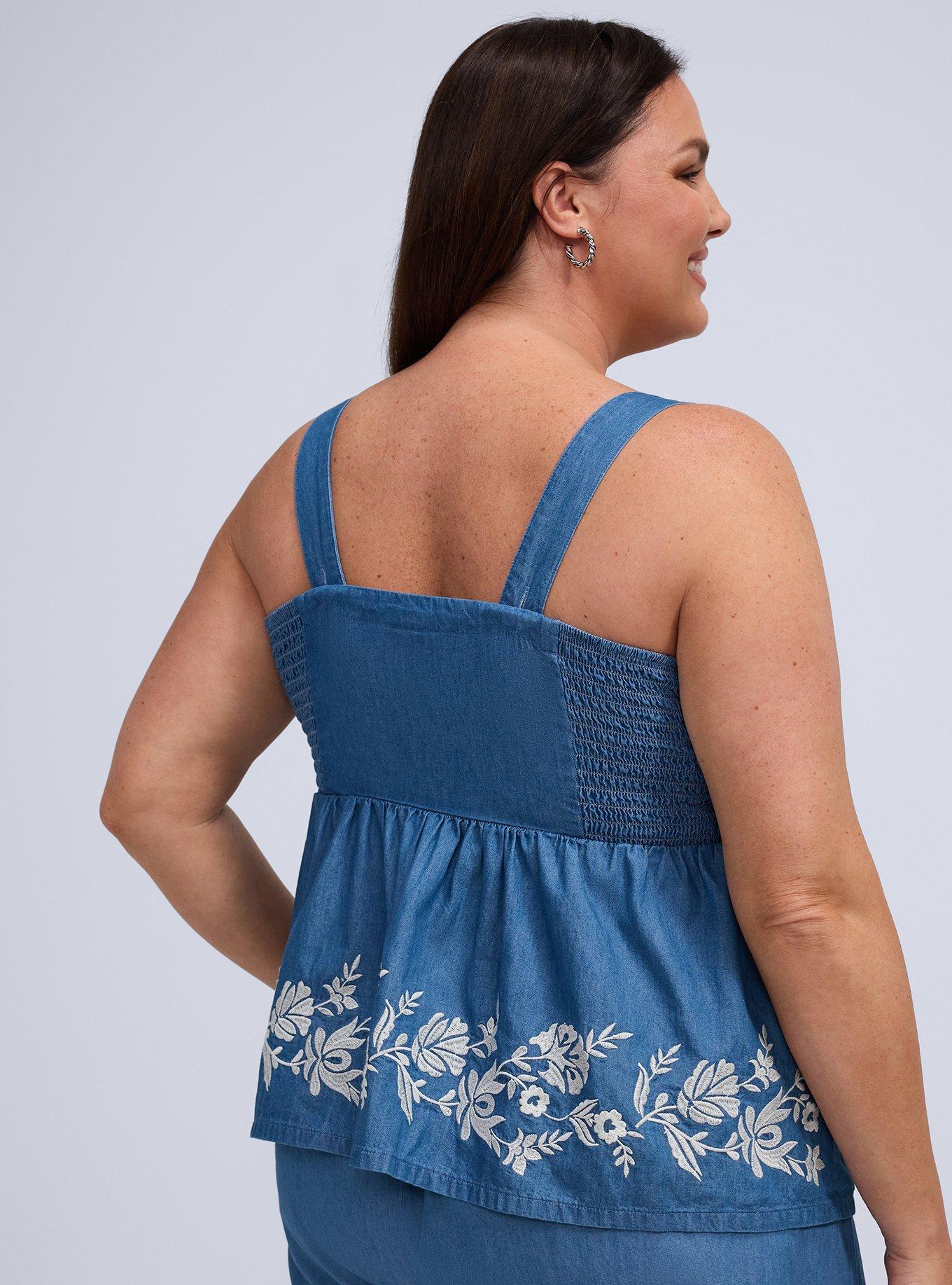 Plus Size Belle Isle Embroidered Chambray Babydoll Tank, MEDIUM WASH, alternate