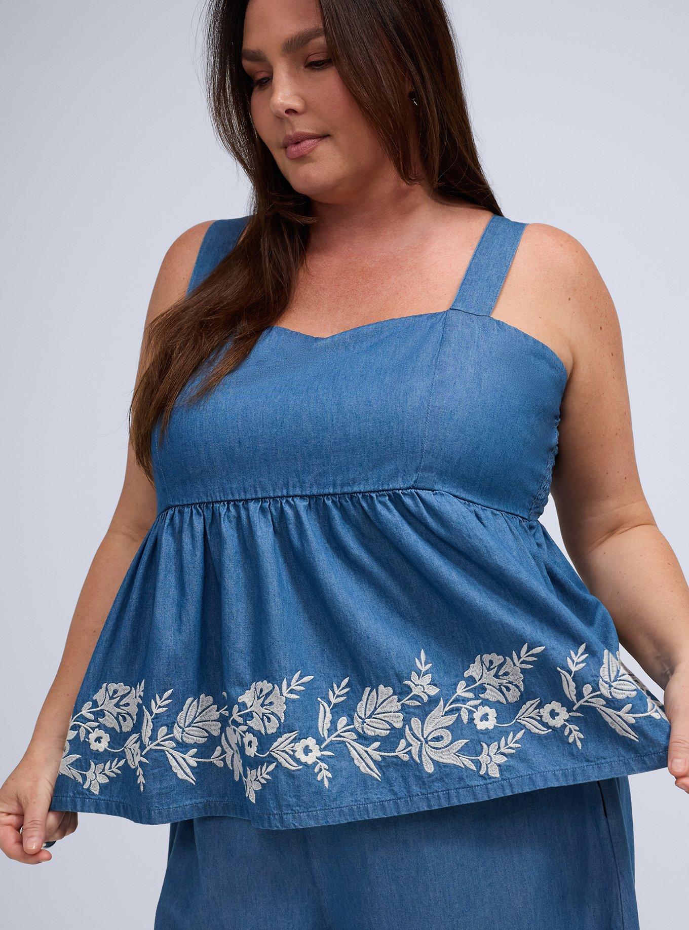 Plus Size Belle Isle Embroidered Chambray Babydoll Tank, MEDIUM WASH, alternate