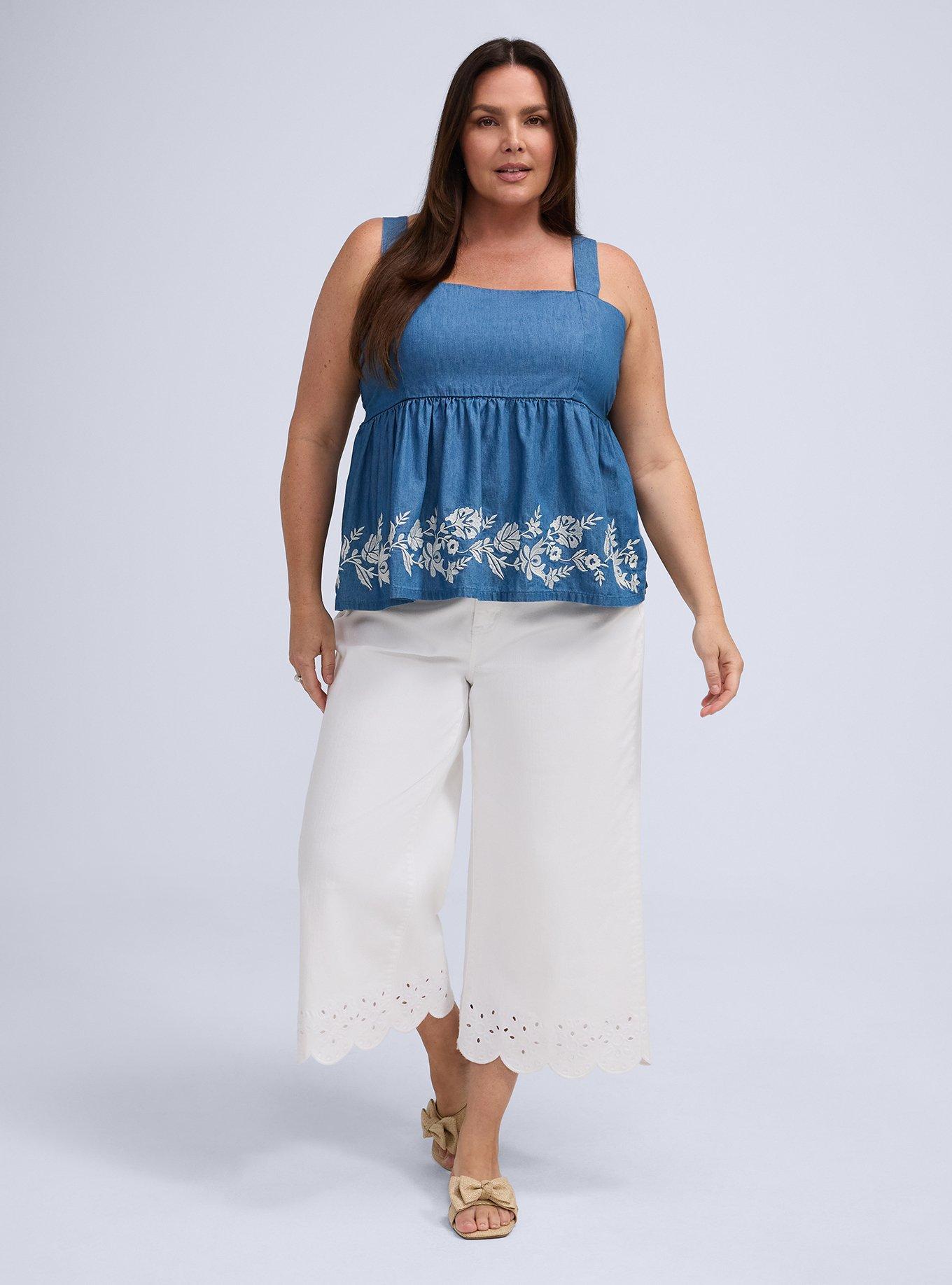 Plus Size Belle Isle Embroidered Chambray Babydoll Tank, MEDIUM WASH, alternate