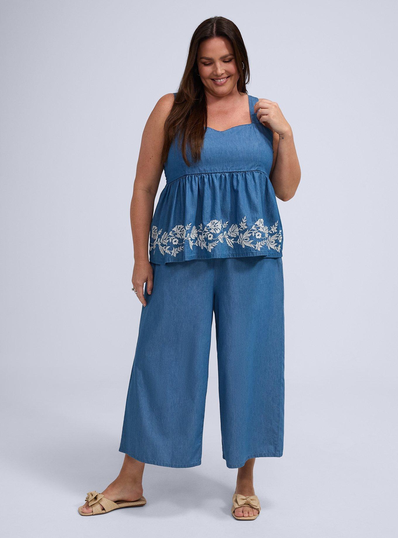 Plus Size Belle Isle Embroidered Chambray Babydoll Tank, MEDIUM WASH, alternate