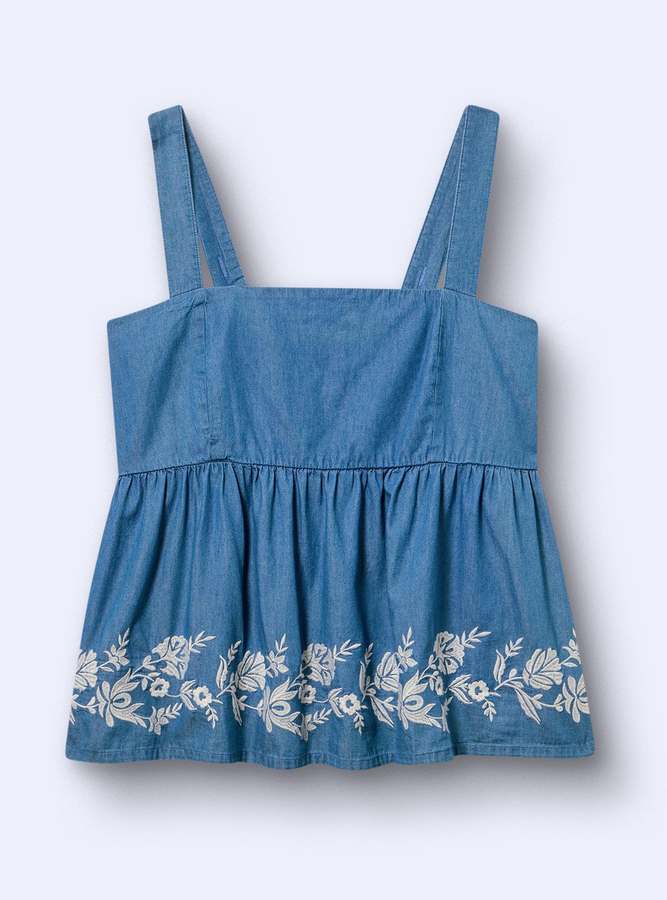 Belle Isle Embroidered Chambray Babydoll Tank, MEDIUM WASH, flat