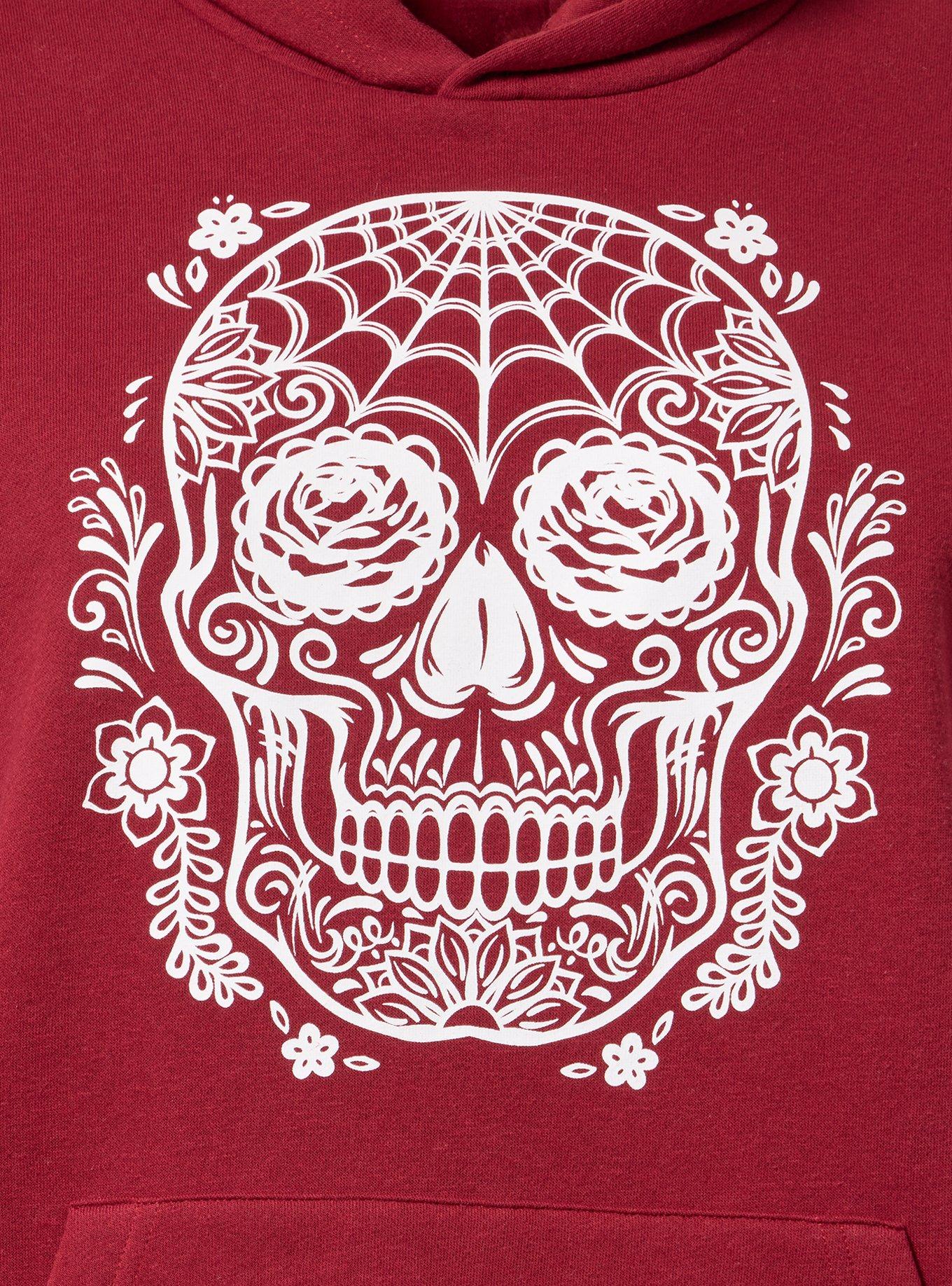 Relaxed Cozy Fleece Hoodie, SKULL FLORAL WINE, alternate