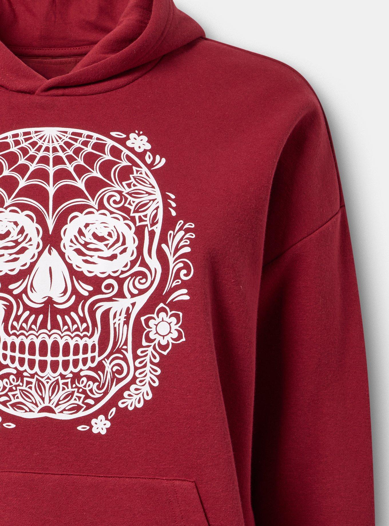 Relaxed Cozy Fleece Hoodie, SKULL FLORAL WINE, alternate