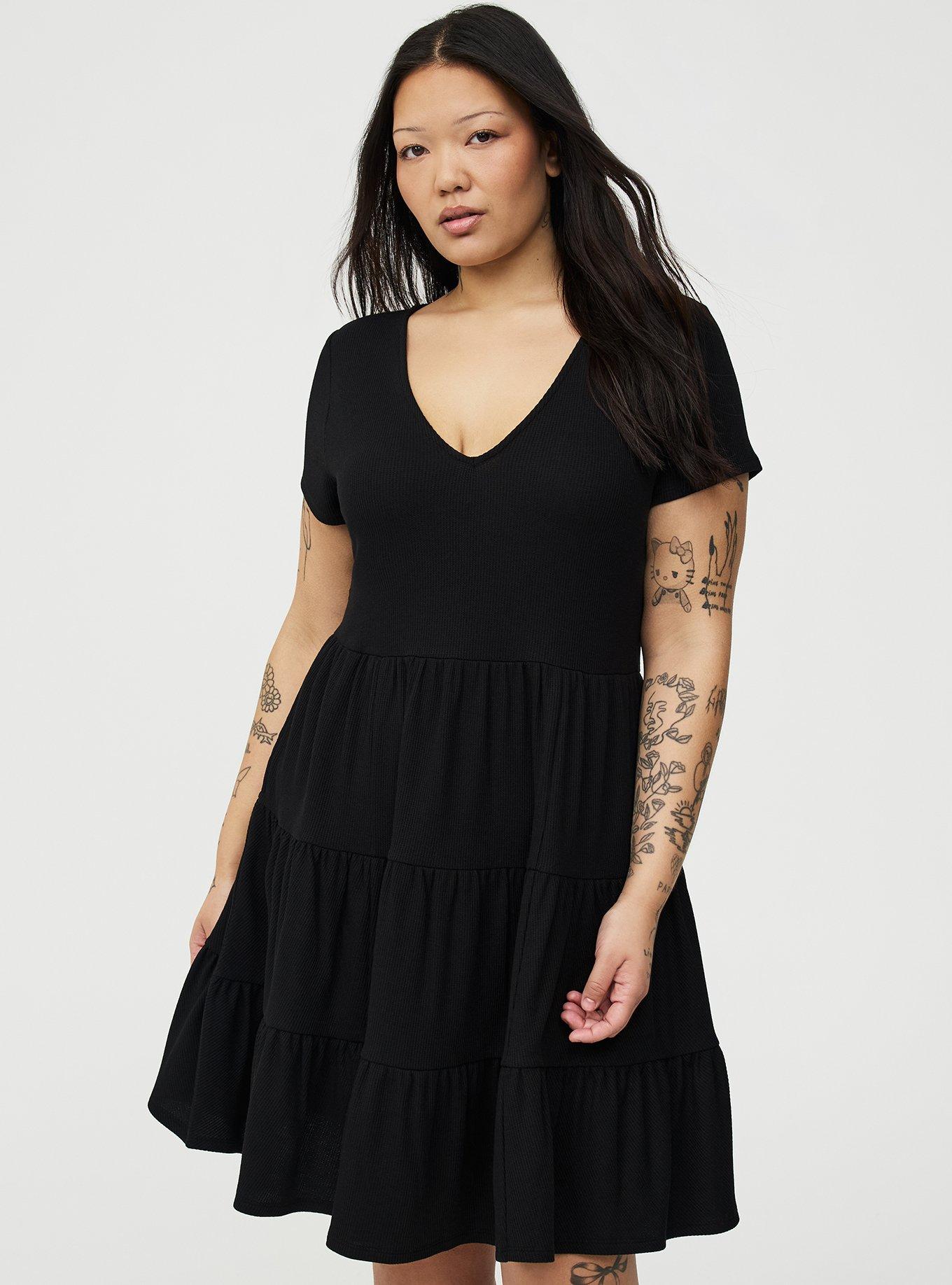 Tiered Waffle Knit Mini Dress, DEEP BLACK, alternate