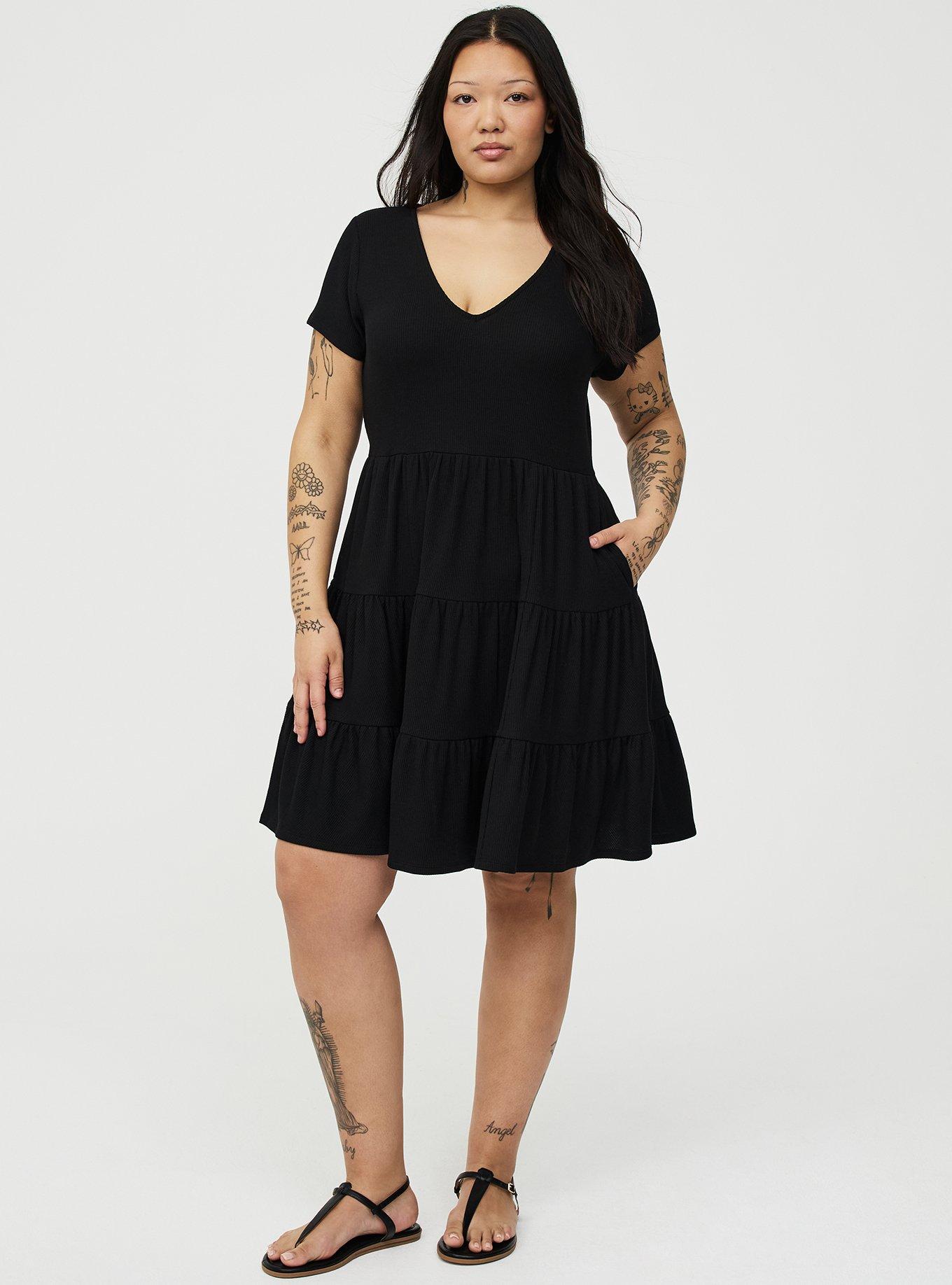 Tiered Waffle Knit Mini Dress, DEEP BLACK, hi-res