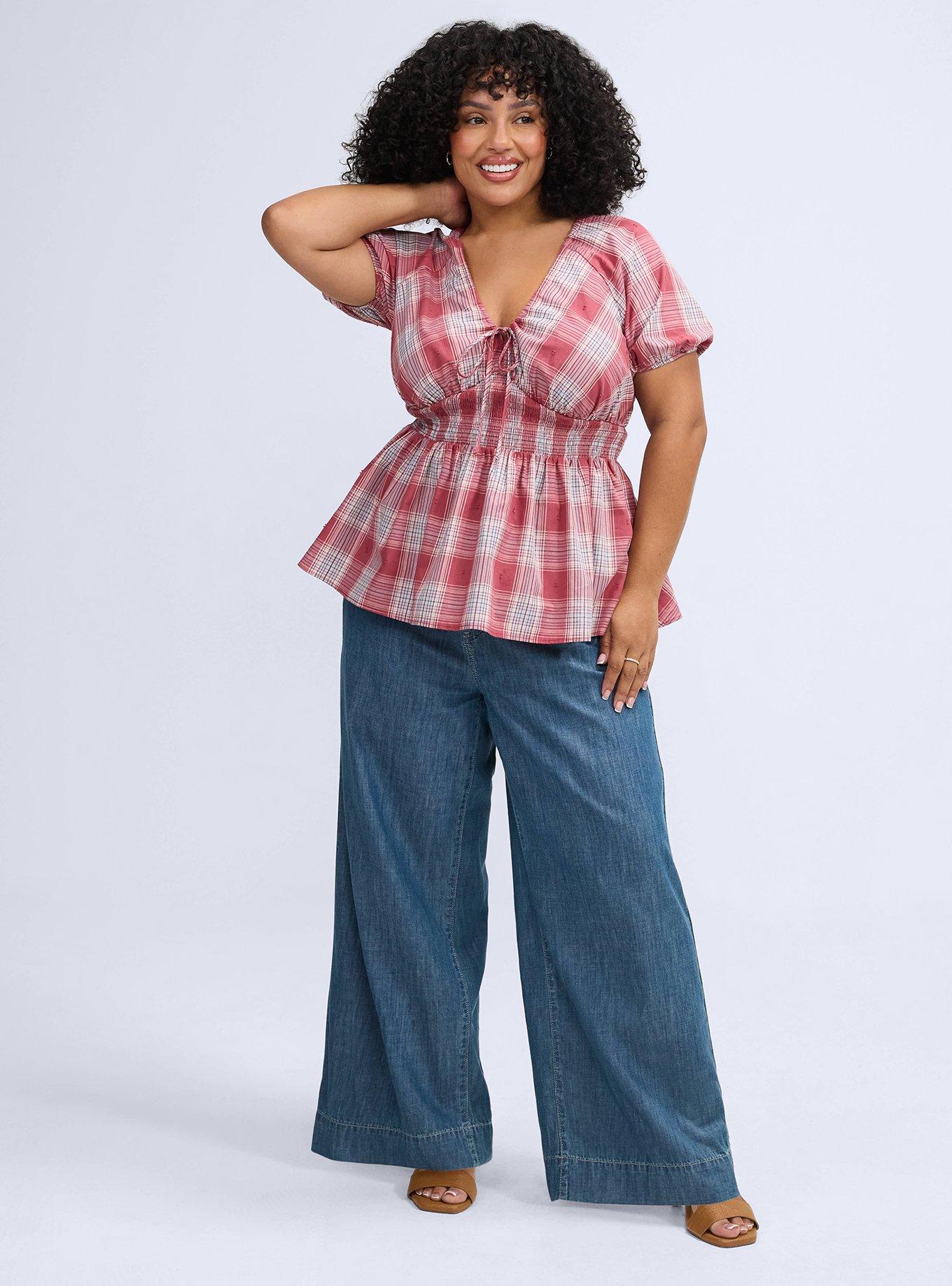 Plus Size Belle Isle Puff Sleeve Smocked Waist Top, STOCKING PLAID BURGUNDY, alternate