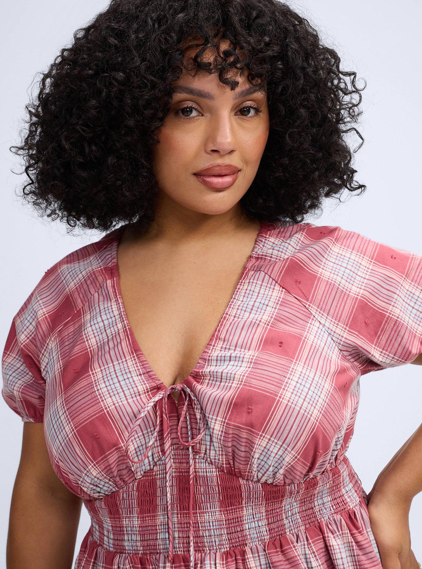 Plus Size Belle Isle Puff Sleeve Smocked Waist Top, STOCKING PLAID BURGUNDY, alternate