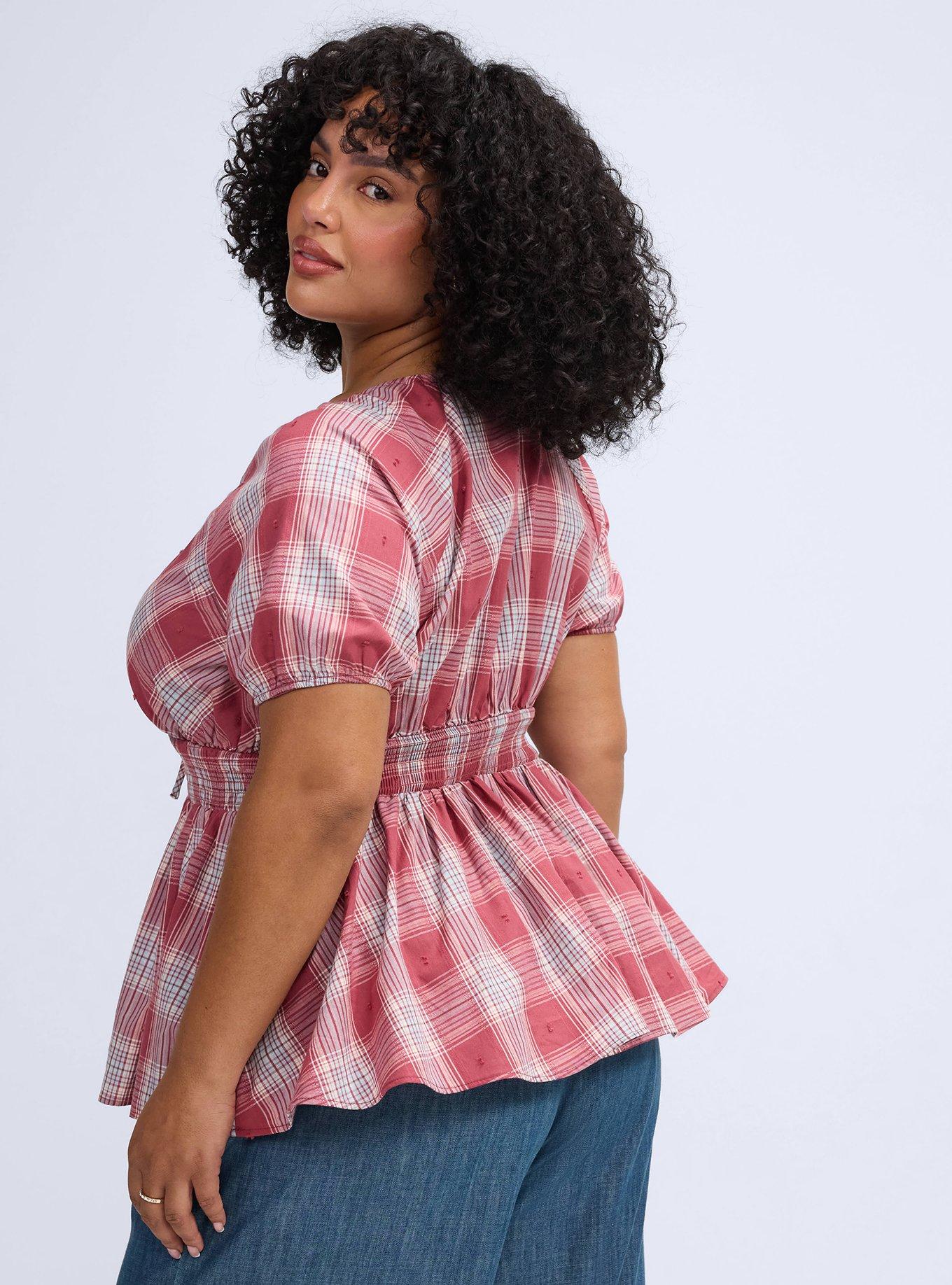 Plus Size Belle Isle Puff Sleeve Smocked Waist Top, STOCKING PLAID BURGUNDY, alternate