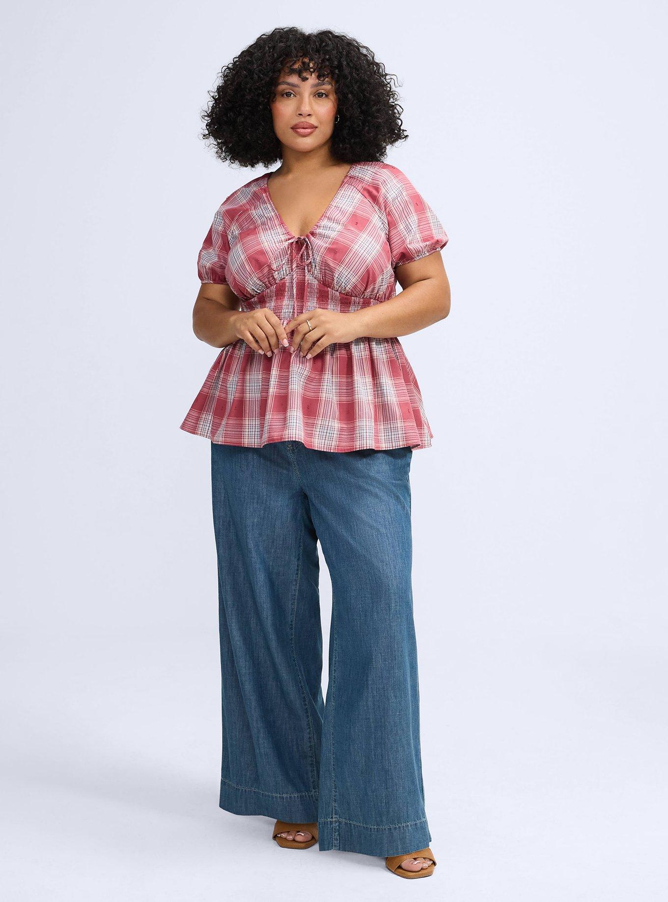 Plus Size Belle Isle Puff Sleeve Smocked Waist Top, STOCKING PLAID BURGUNDY, alternate
