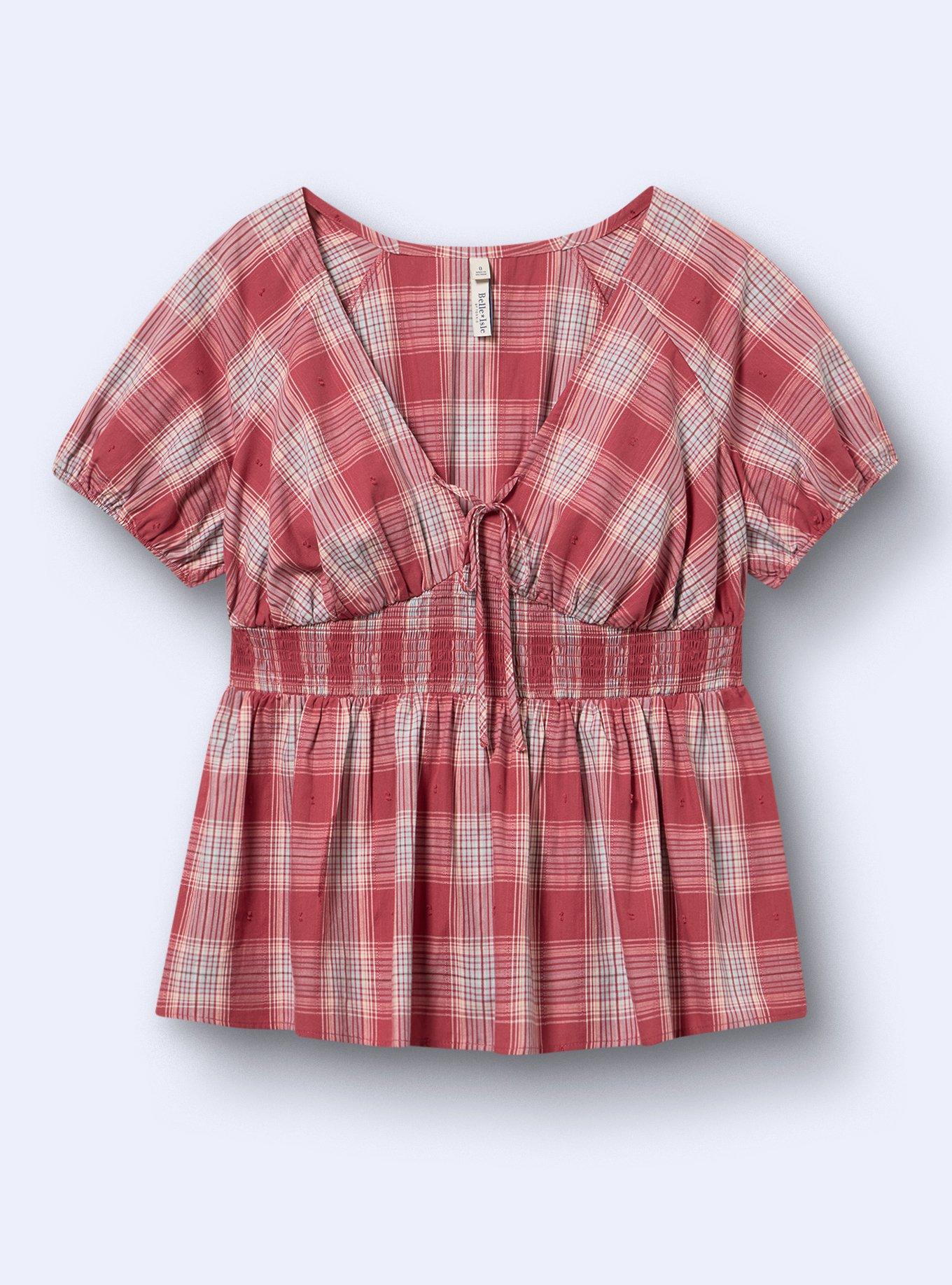 Belle Isle Puff Sleeve Smocked Waist Top, STOCKING PLAID BURGUNDY, flat