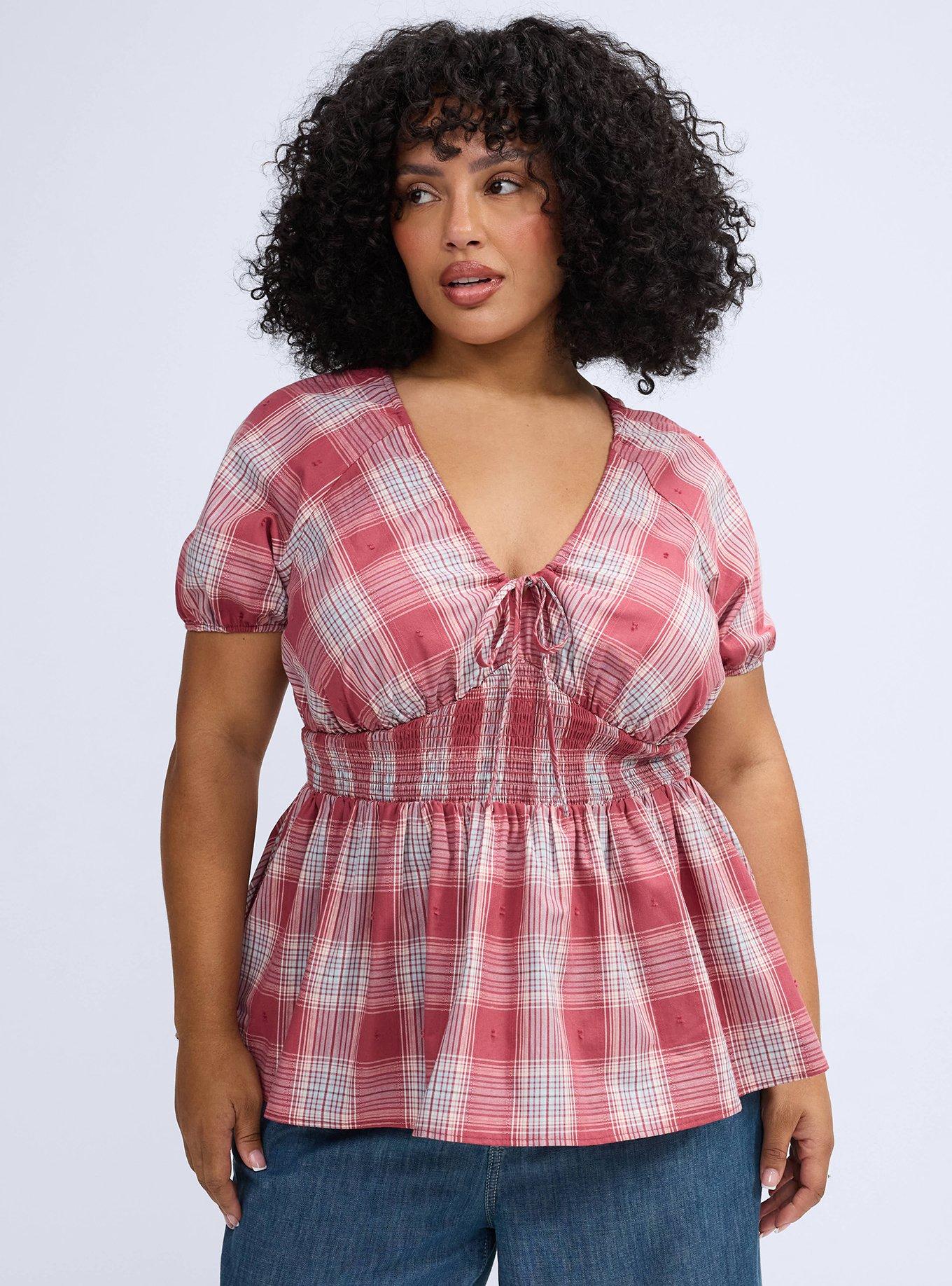 Plus Size Belle Isle Puff Sleeve Smocked Waist Top, STOCKING PLAID BURGUNDY, hi-res