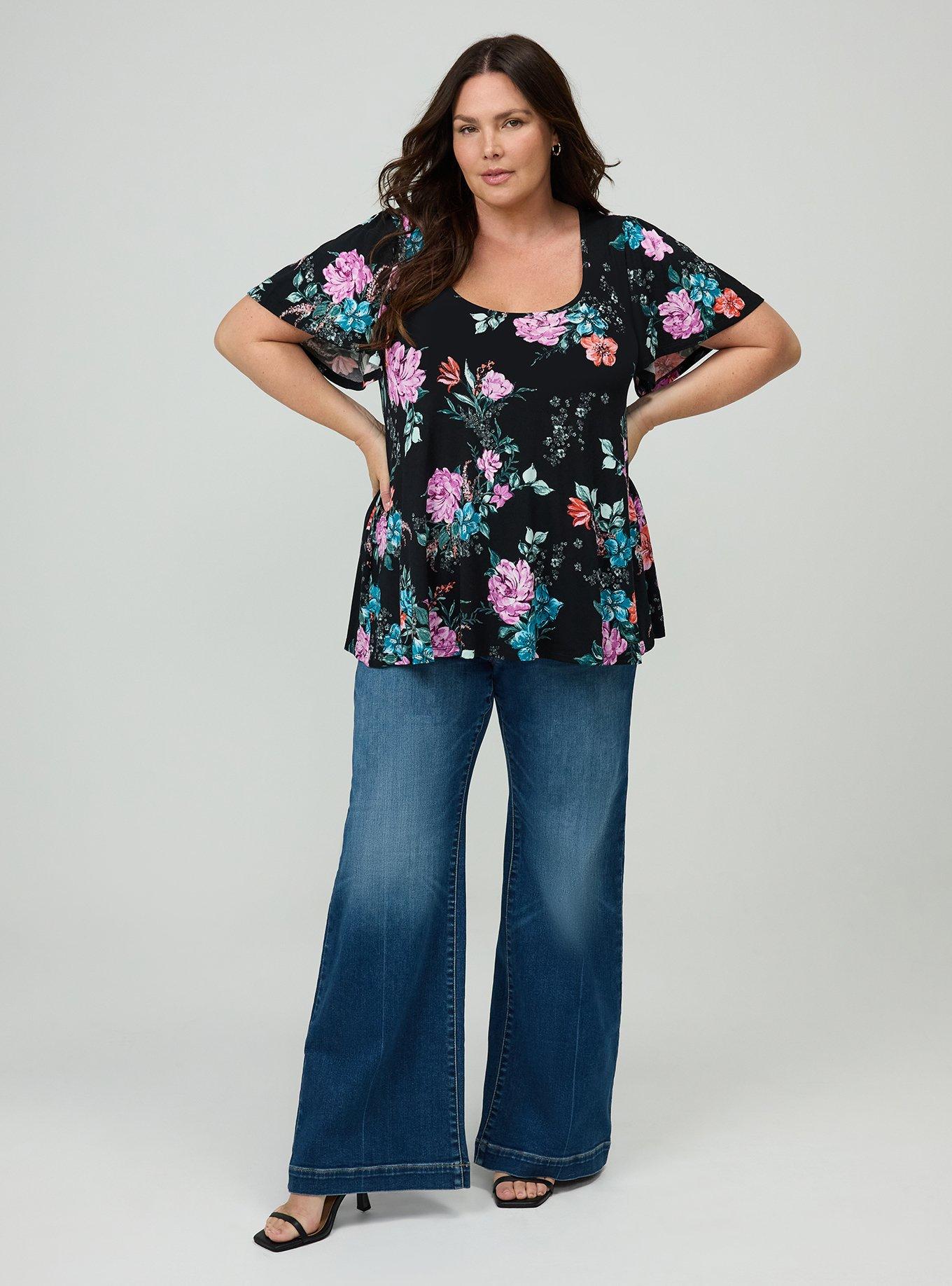 Plus Size Supersoft Scoop Neck Flutter Sleeve Top, LORENA FLORAL BLACK, alternate