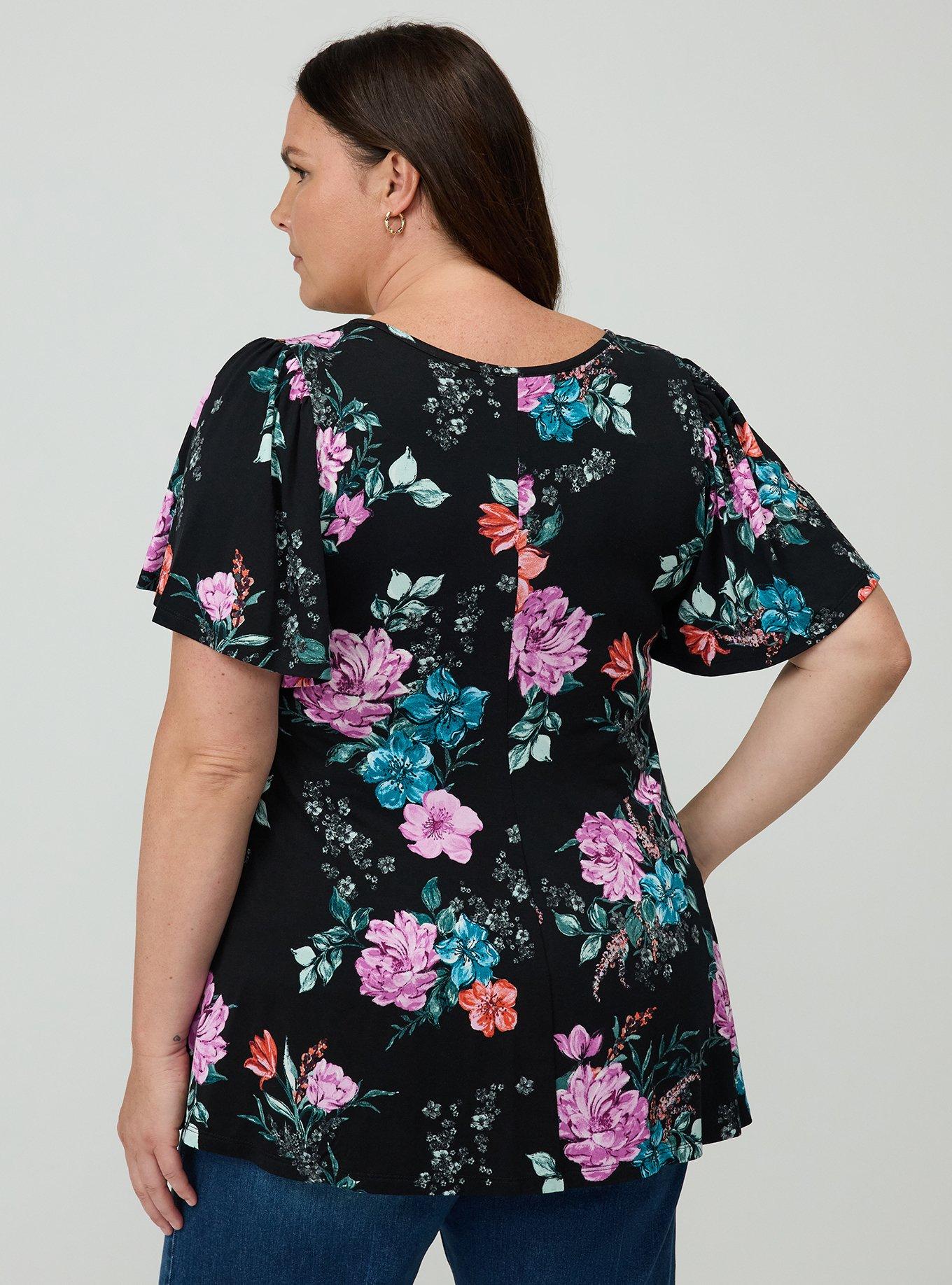 Plus Size Supersoft Scoop Neck Flutter Sleeve Top, LORENA FLORAL BLACK, alternate
