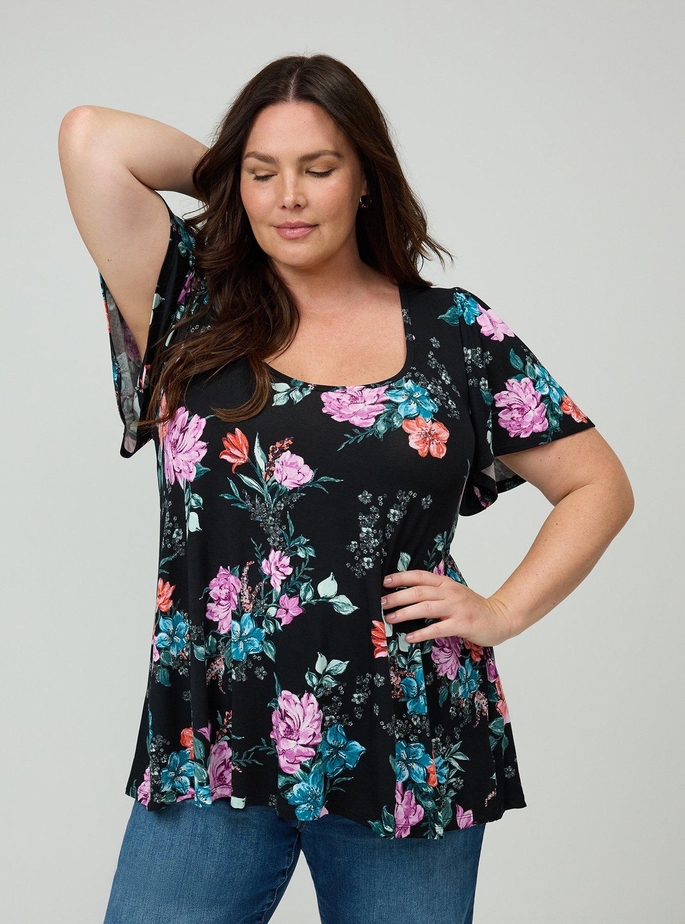 Plus Size Supersoft Scoop Neck Flutter Sleeve Top, LORENA FLORAL BLACK, alternate