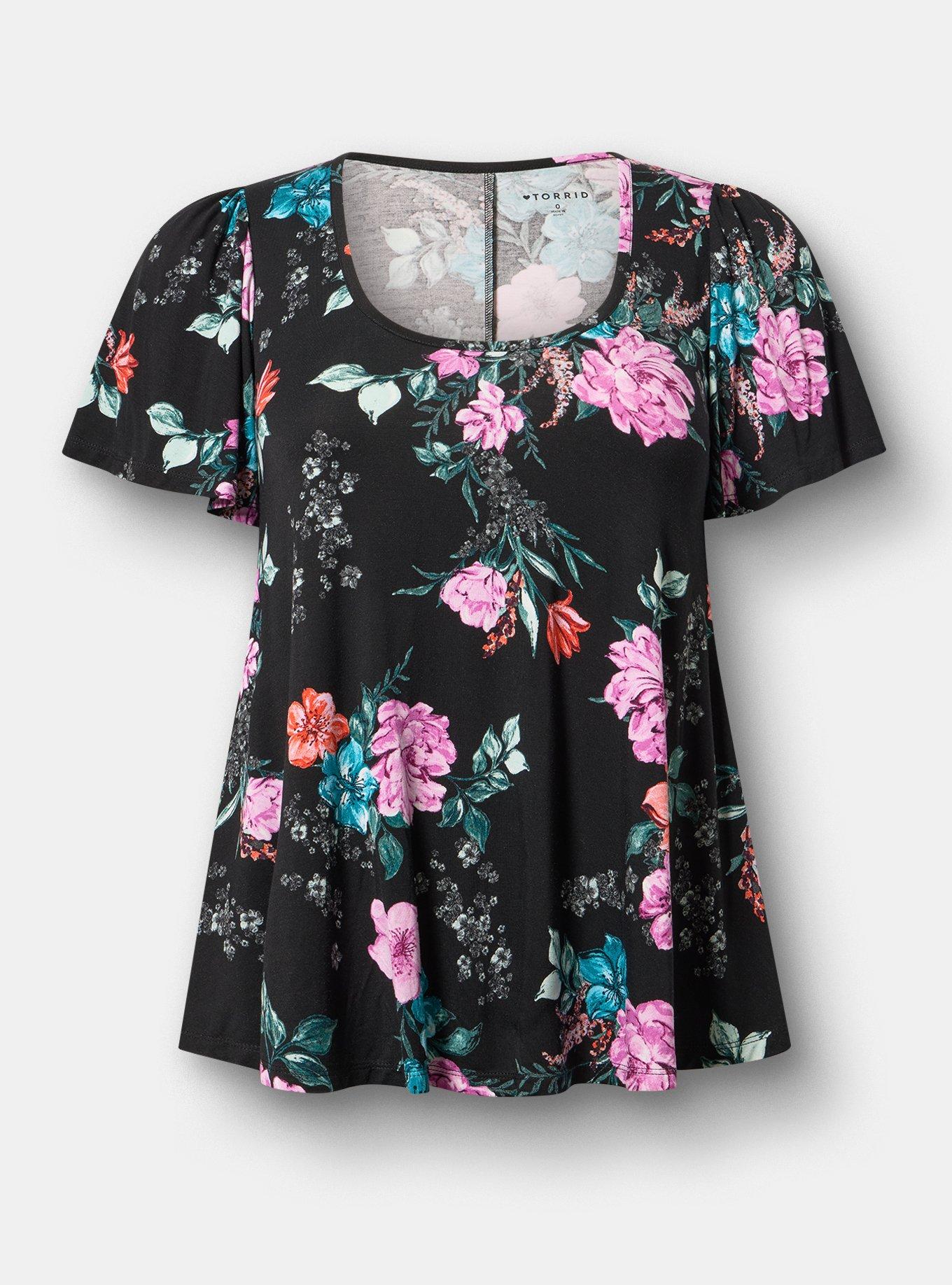 Plus Size Supersoft Scoop Neck Flutter Sleeve Top, LORENA FLORAL BLACK, flat