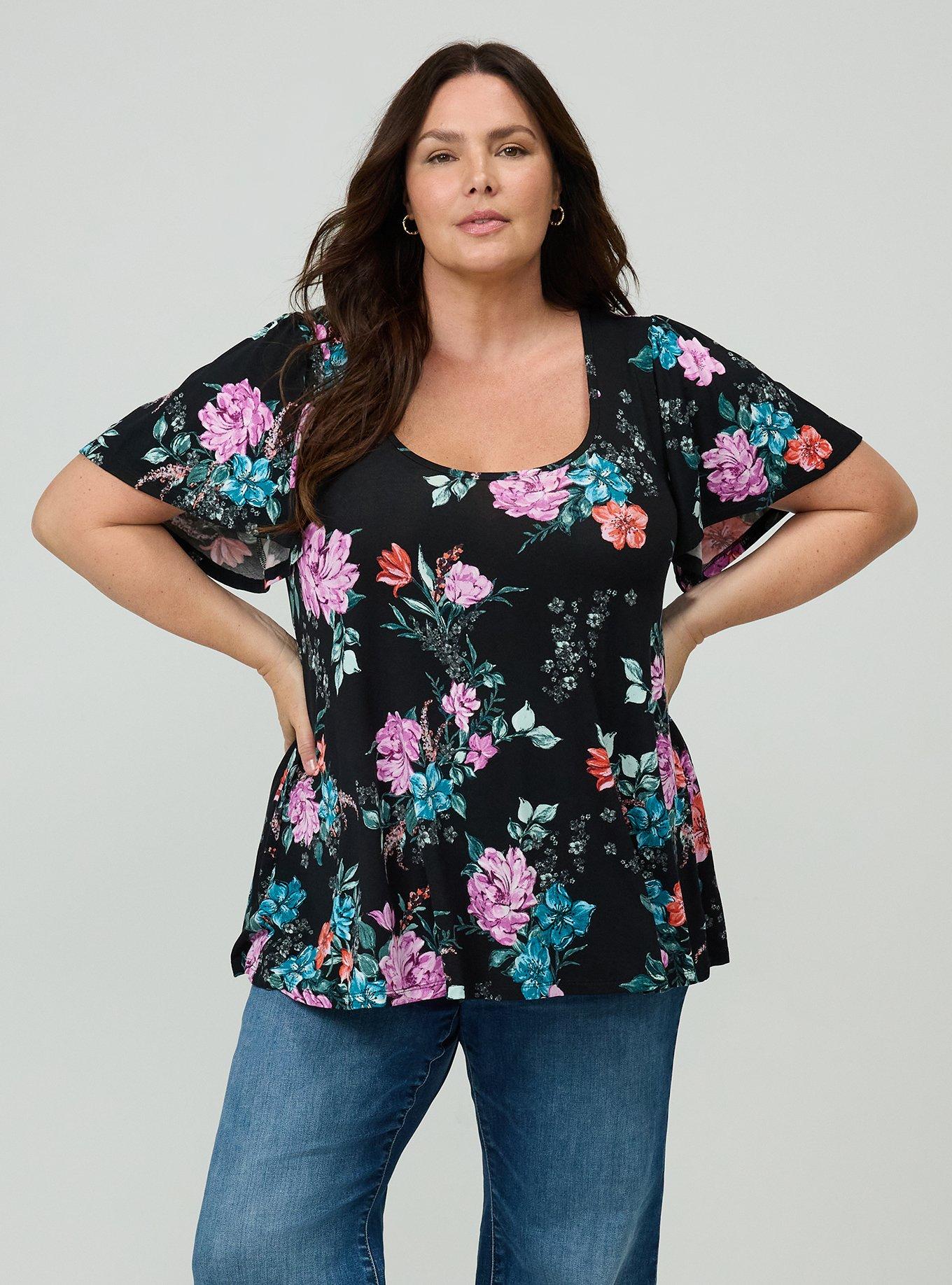 Plus Size Supersoft Scoop Neck Flutter Sleeve Top, LORENA FLORAL BLACK, hi-res