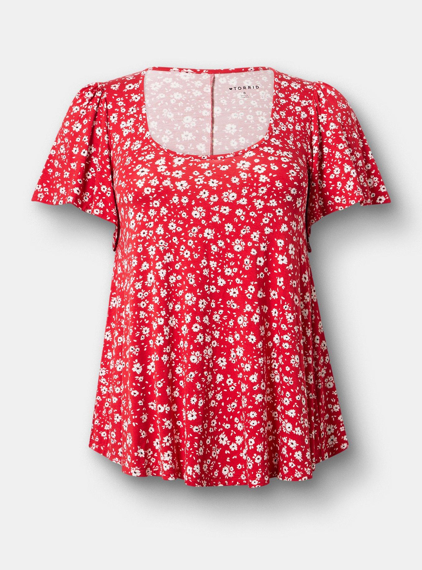 Plus Size Supersoft Scoop Neck Flutter Sleeve Top, DOLLY DAISY FLORAL RED, hi-res