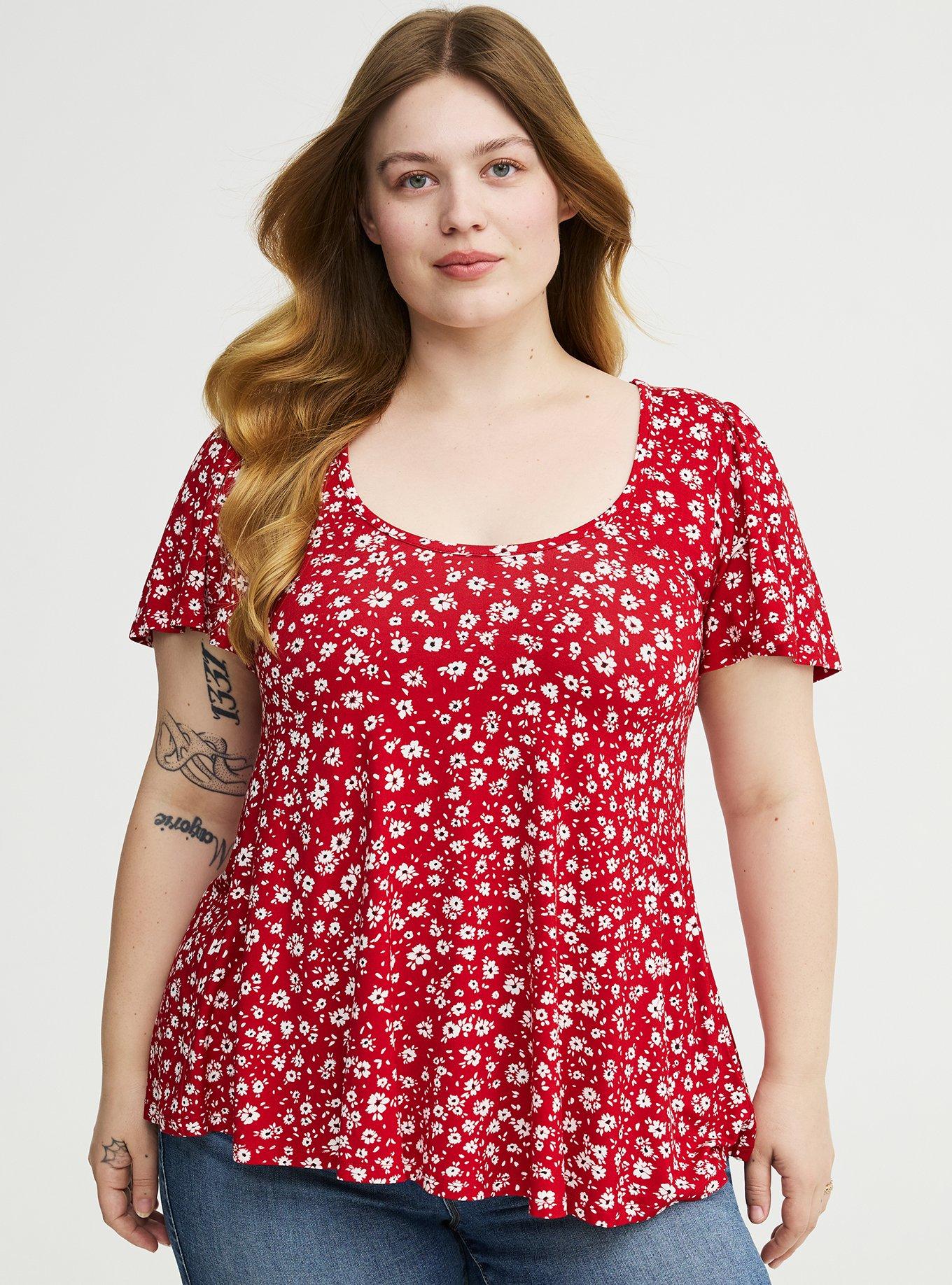 Super Soft Scoop Flutter Sleeve Top, DOLLY DAISY FLORAL RED, hi-res