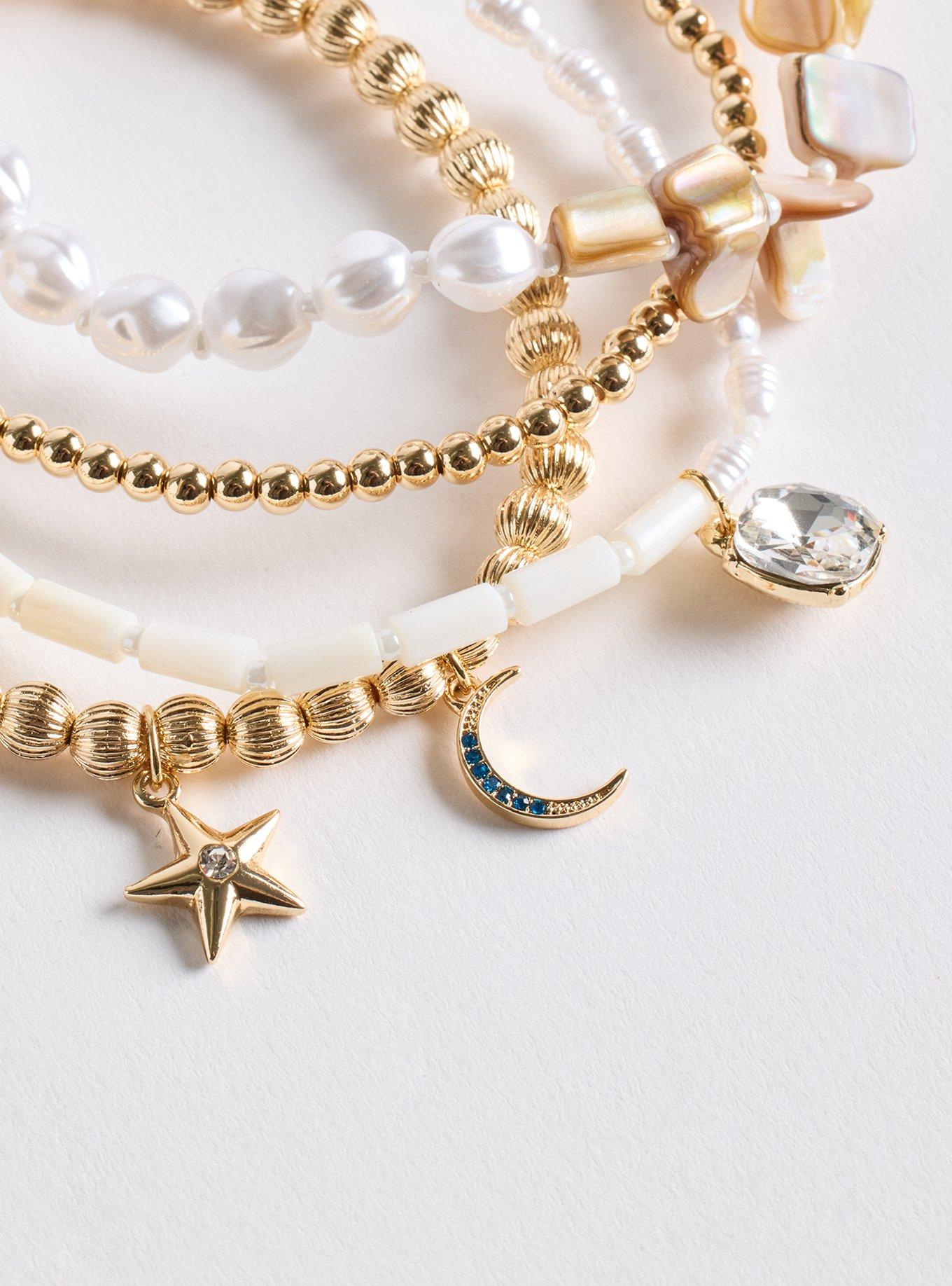 Beaded Pearl Celestial Bracelet Set, GOLD, alternate