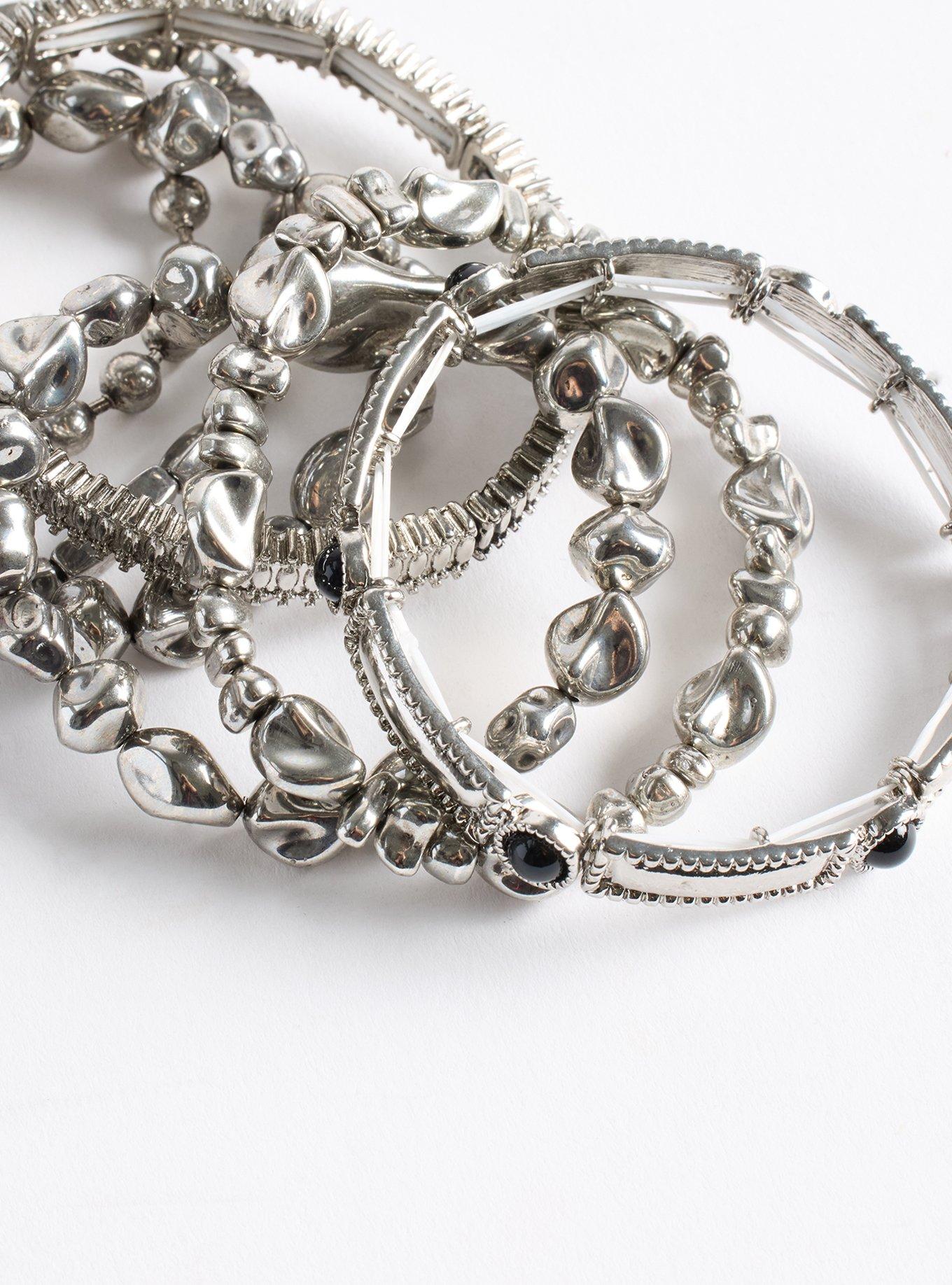 Textured Bead Stretch Bracelet Set, SILVER, alternate