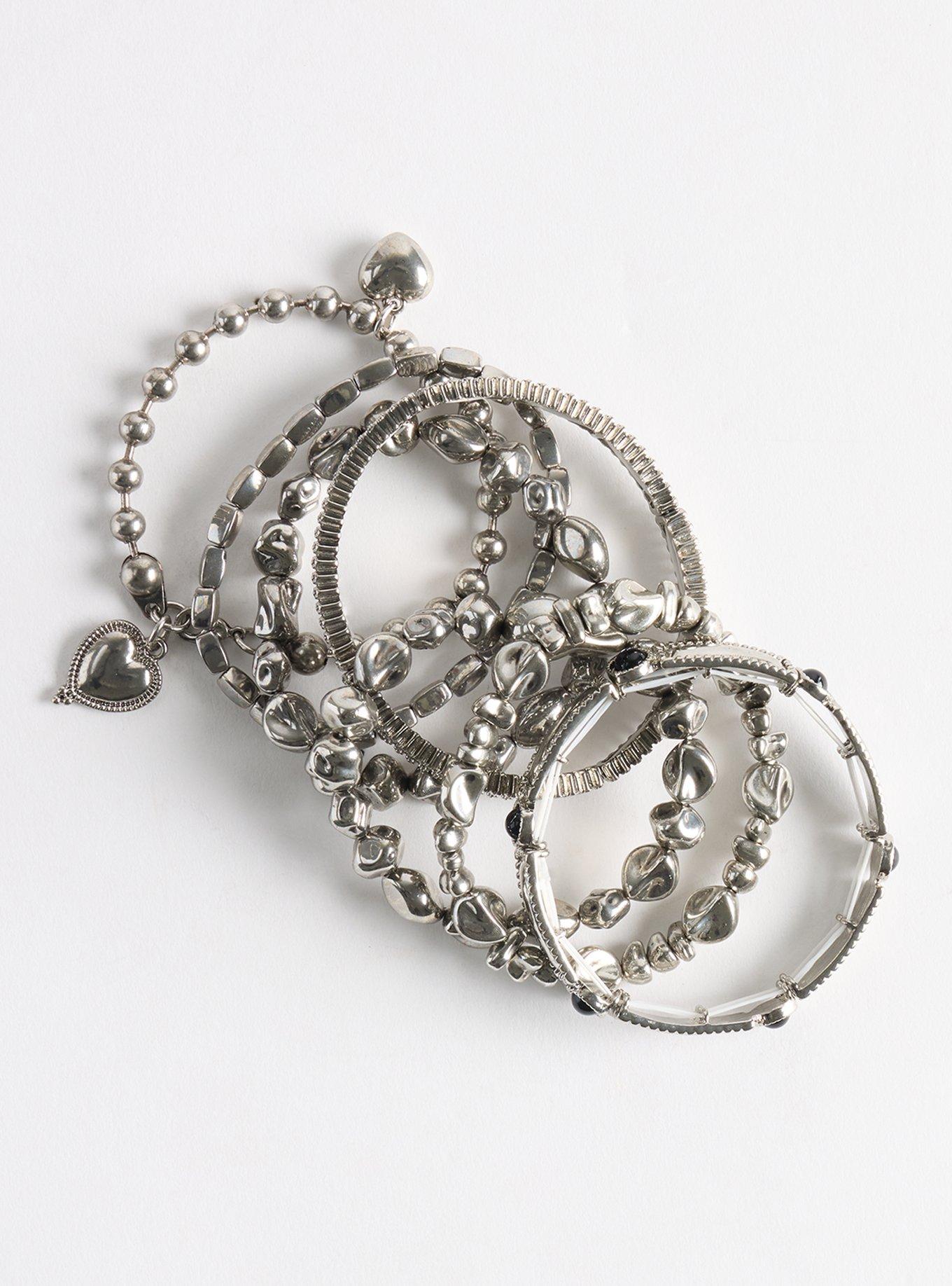 Textured Bead Stretch Bracelet Set, SILVER, hi-res