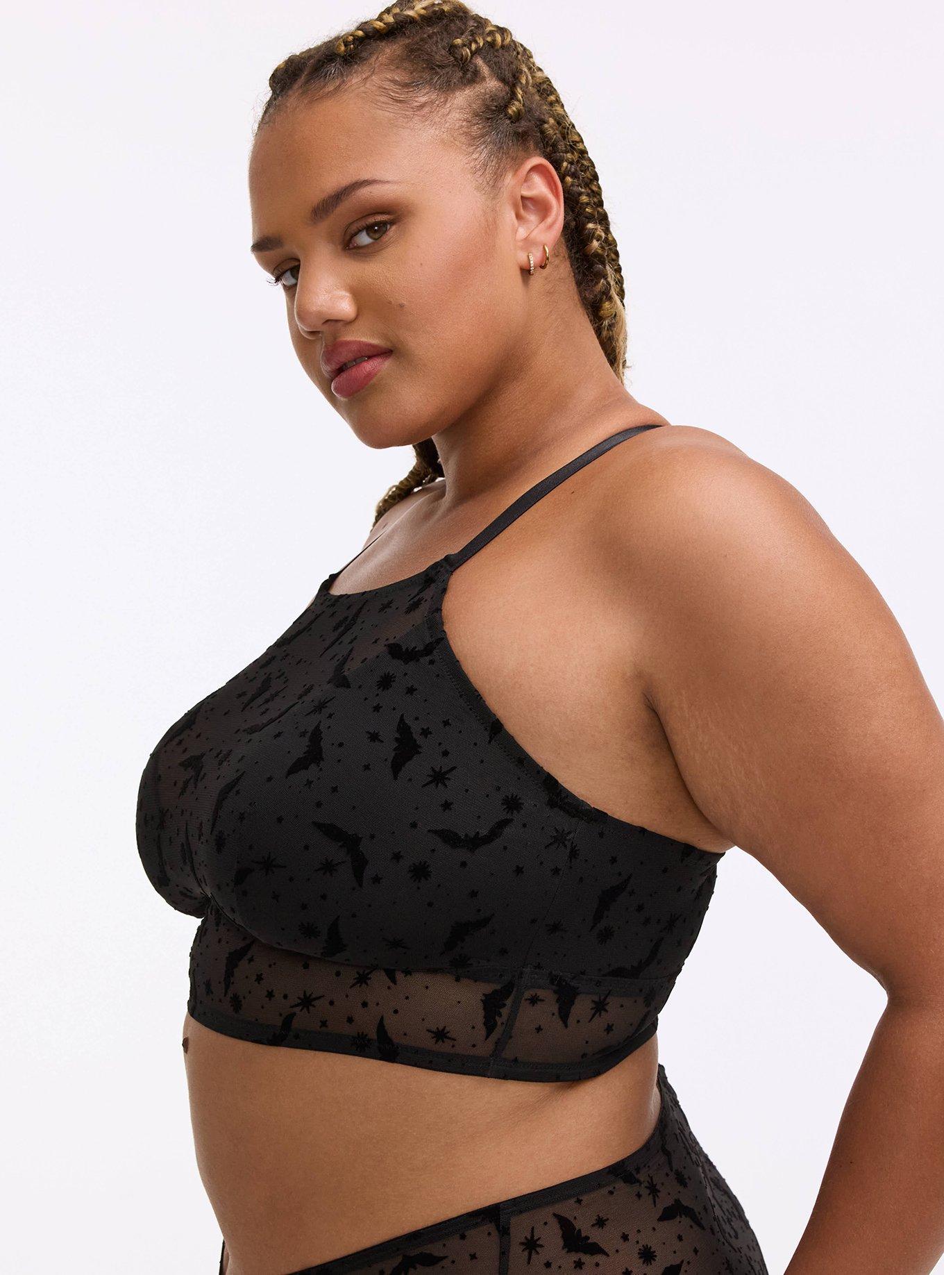 Unlined Flocked Bat High Neck Bralette, MOON BATS BLACK, alternate