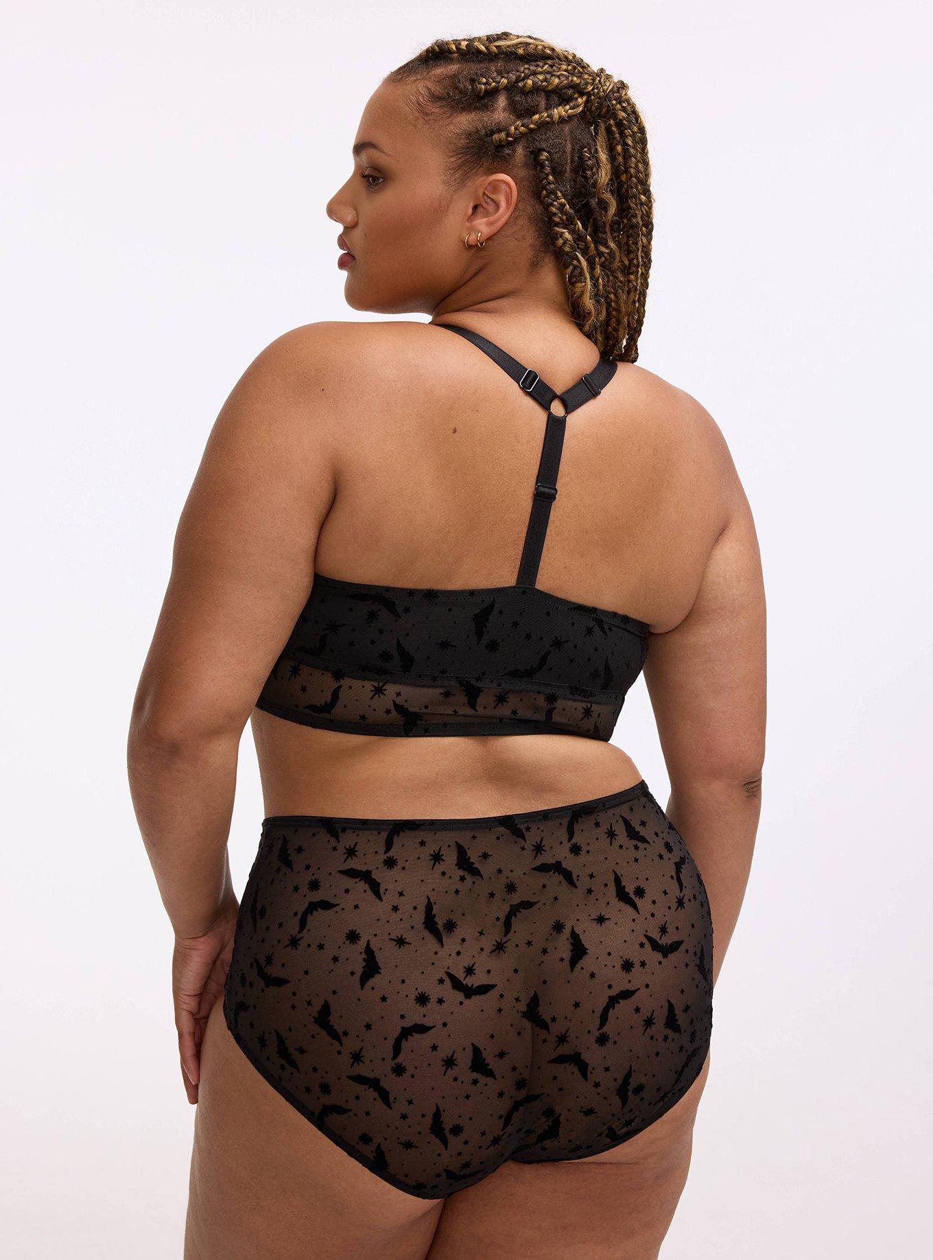 Unlined Flocked Bat High Neck Bralette, MOON BATS BLACK, alternate
