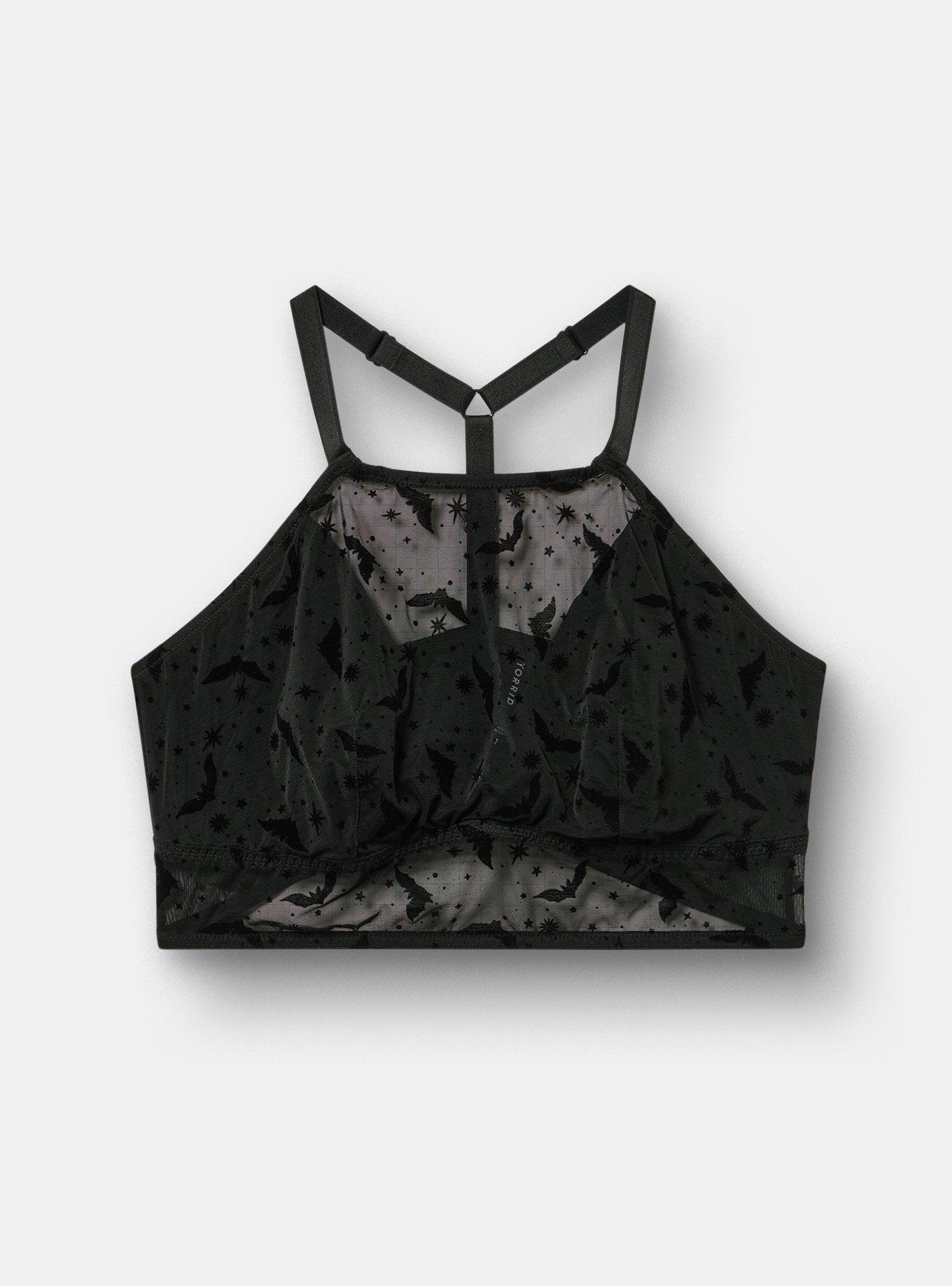 Unlined Flocked Bat High Neck Bralette, MOON BATS BLACK, flat