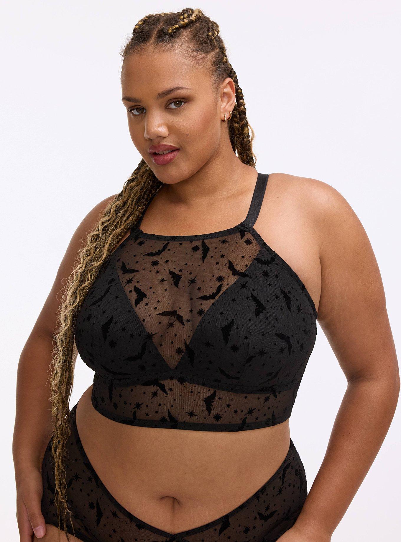 Unlined Flocked Bat High Neck Bralette, MOON BATS BLACK, hi-res