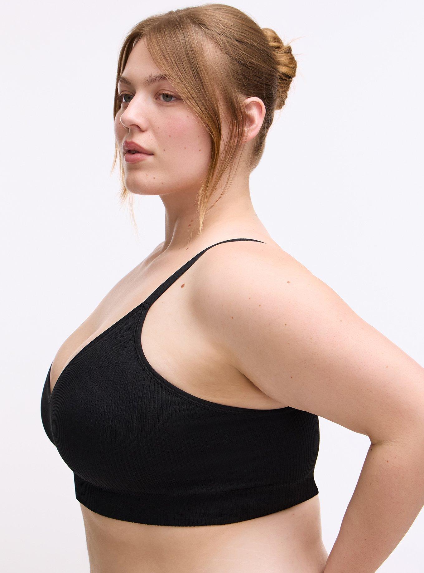 Plus Size Lightly Lined Seamless Rib V-Neck Bralette, RICH BLACK, alternate