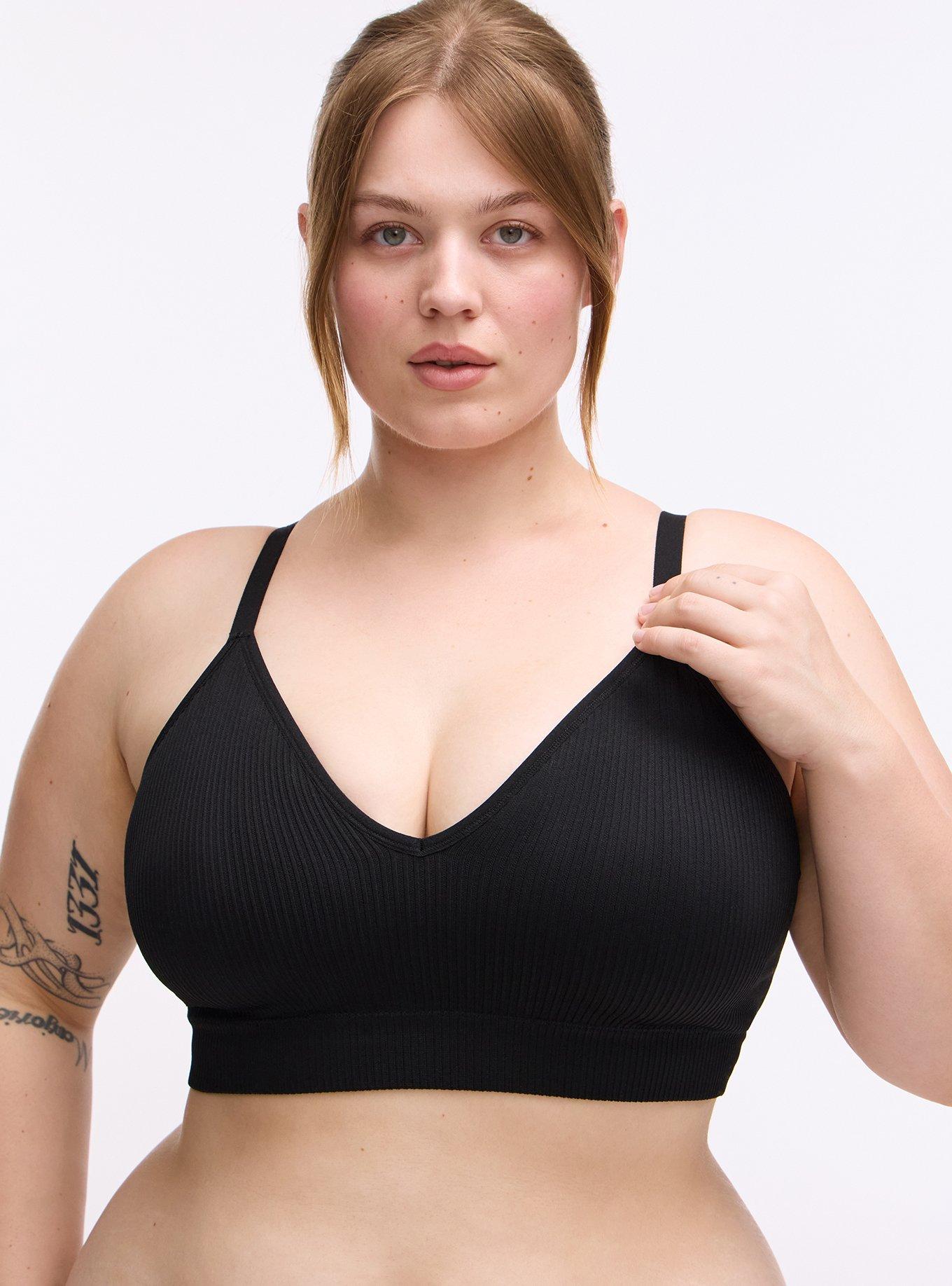 Plus Size Lightly Lined Seamless Rib V-Neck Bralette, RICH BLACK, hi-res
