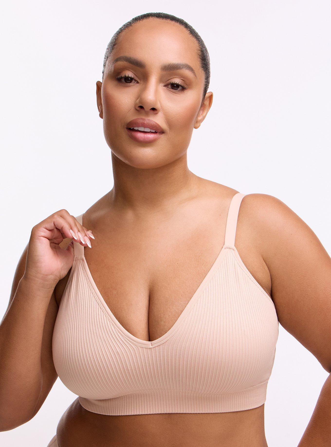 Plus Size Lightly Lined Seamless Rib V-Neck Bralette, ROSE DUST, hi-res