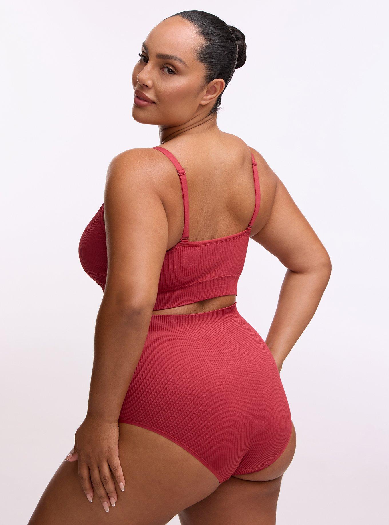 Plus Size Lightly Lined Seamless Rib V-Neck Bralette, GARNET, alternate