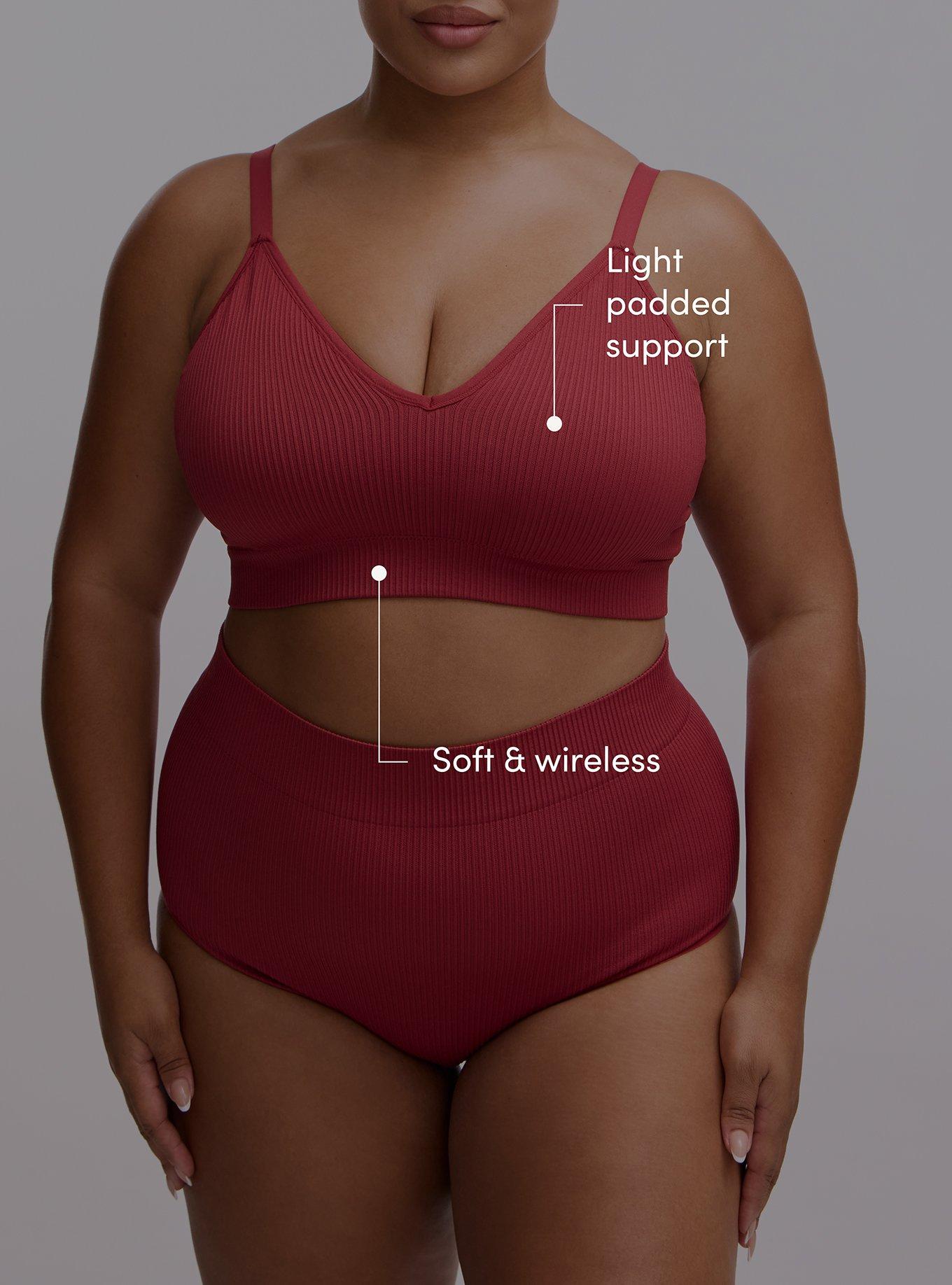Plus Size Lightly Lined Seamless Rib V-Neck Bralette, GARNET, alternate