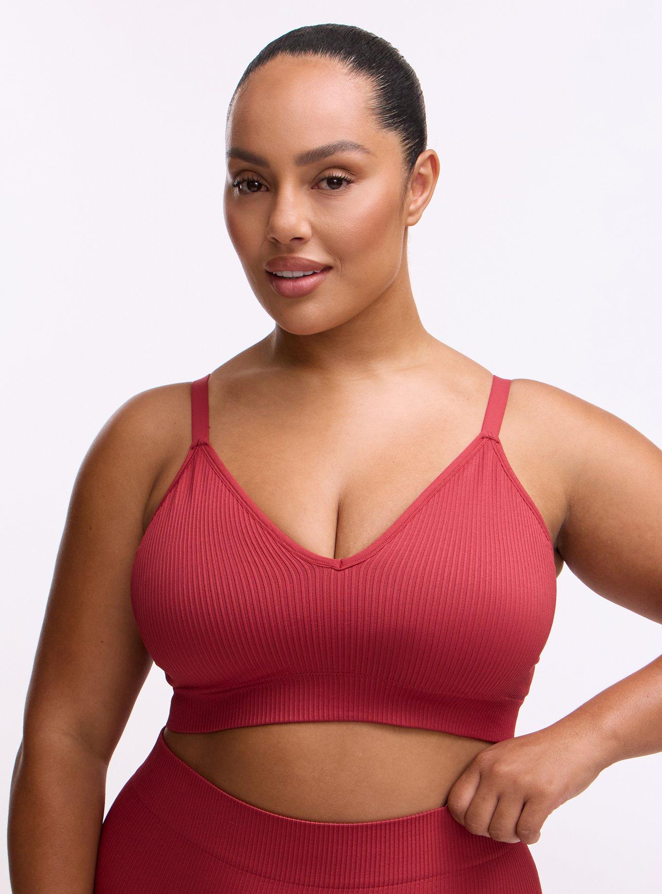 Plus Size Lightly Lined Seamless Rib V-Neck Bralette, GARNET, hi-res