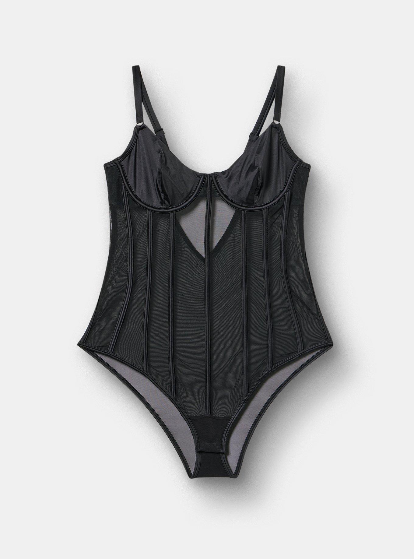 Underwire Shine & Mesh Bodysuit, RICH BLACK, flat
