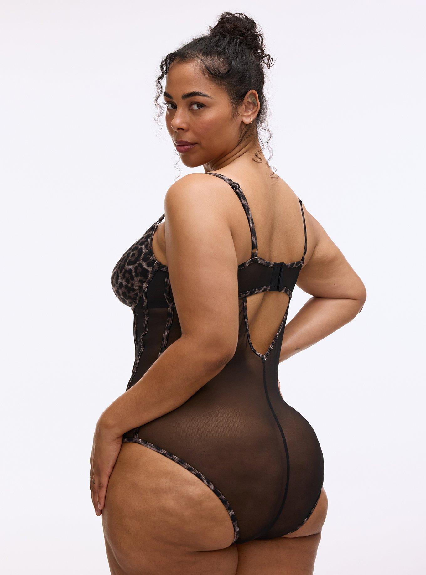 Underwire Shine & Mesh Bodysuit, ON THE PROWL LEOPARD BROWN, alternate