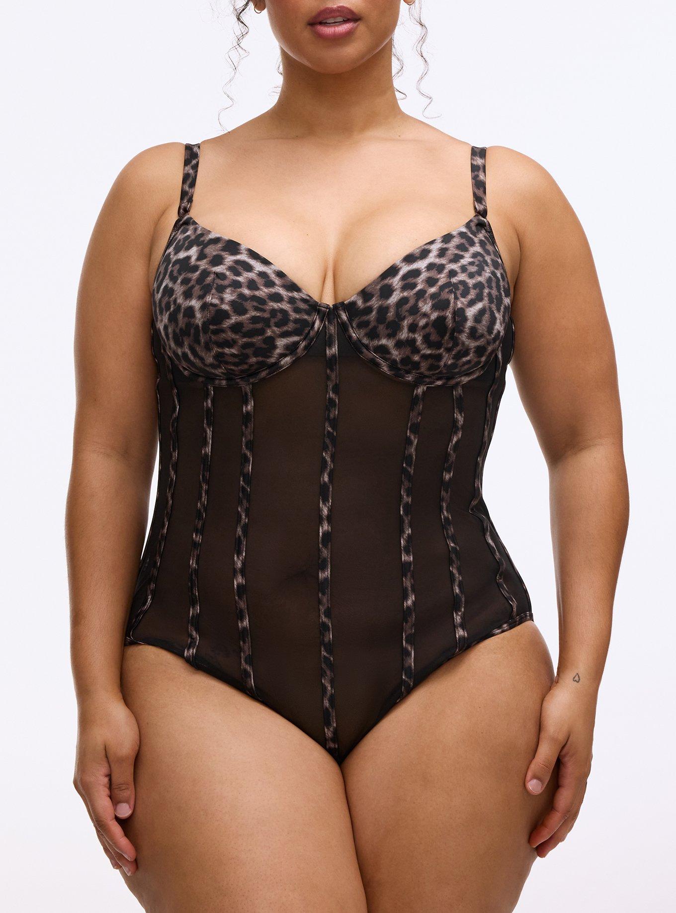 Underwire Shine & Mesh Bodysuit, ON THE PROWL LEOPARD BROWN, alternate