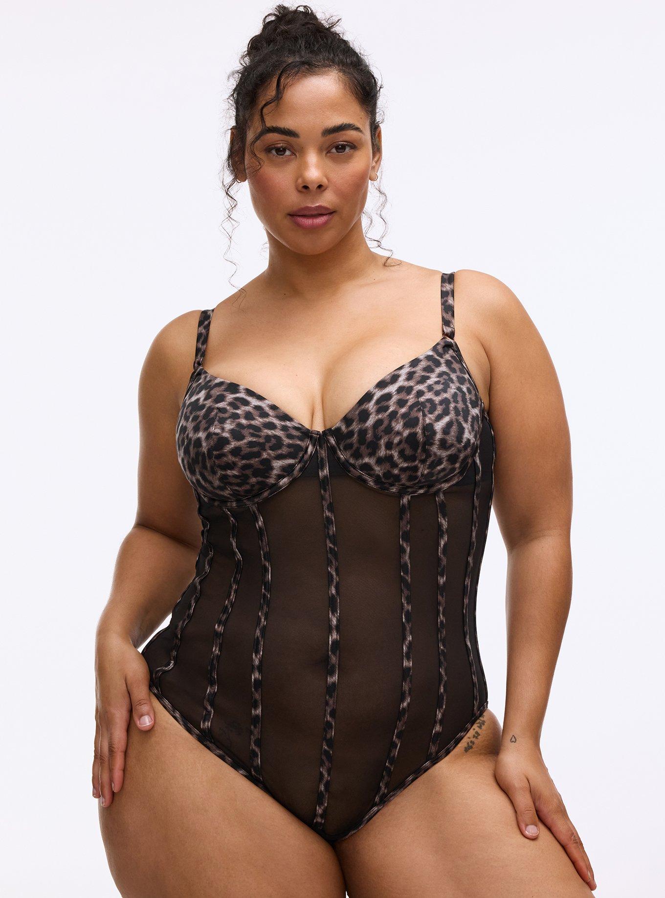 Underwire Shine & Mesh Bodysuit, ON THE PROWL LEOPARD BROWN, hi-res