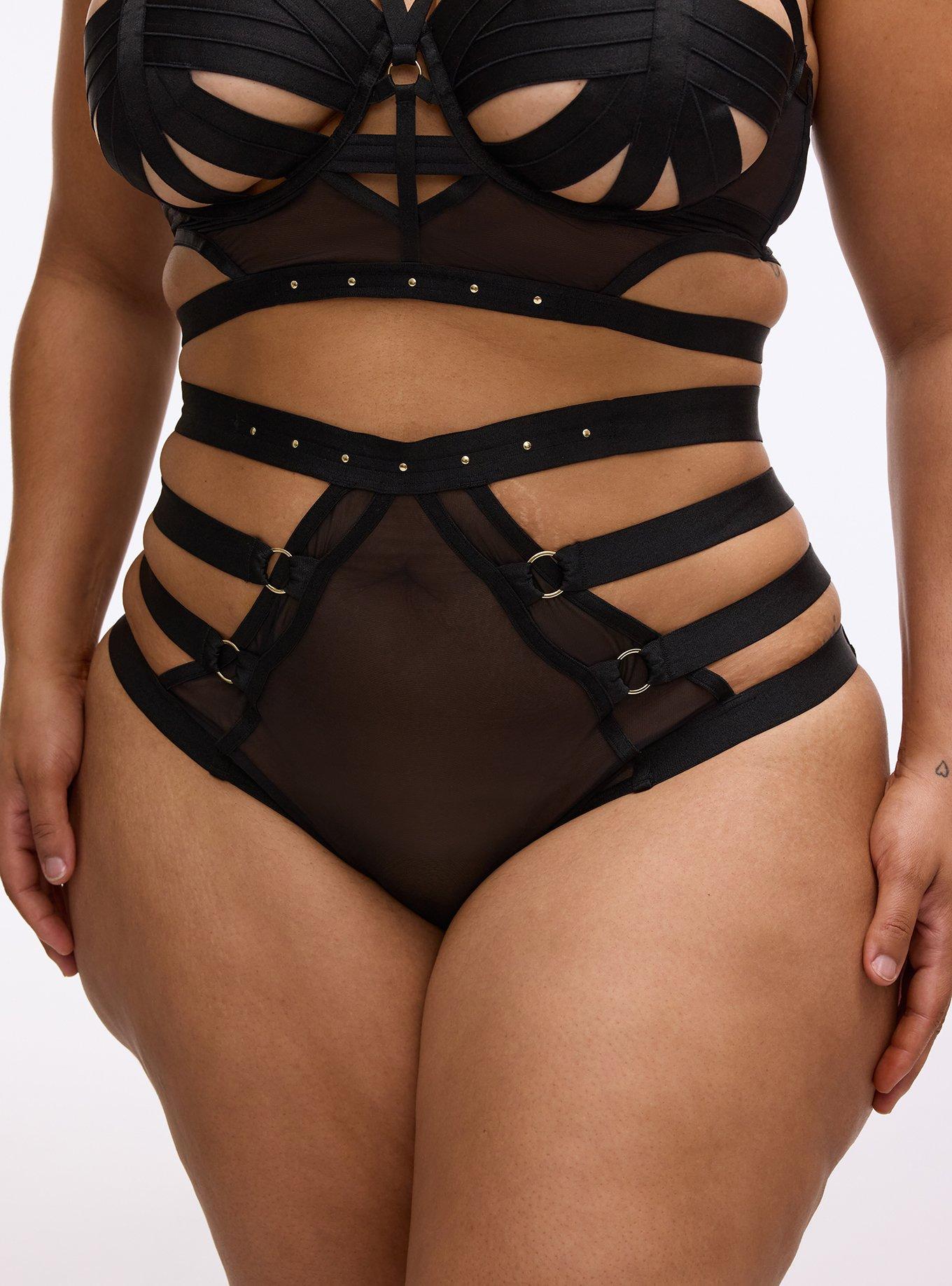 Plus Size Vixen Strappy Studded High Waist Cheeky Panty, RICH BLACK, alternate