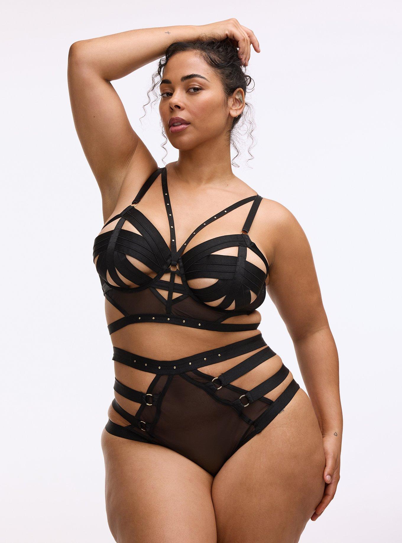 Plus Size Vixen Strappy Studded High Waist Cheeky Panty, RICH BLACK, hi-res