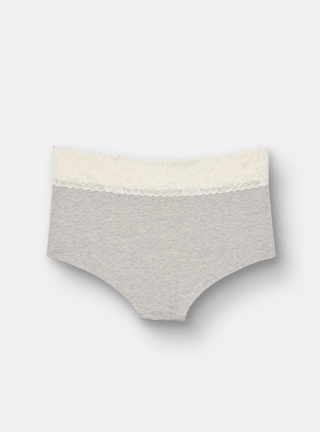 Plus Size Cotton Mid-Rise Lace Trim Boyshort Panty, LIGHTEST HEATHER GREY, alternate