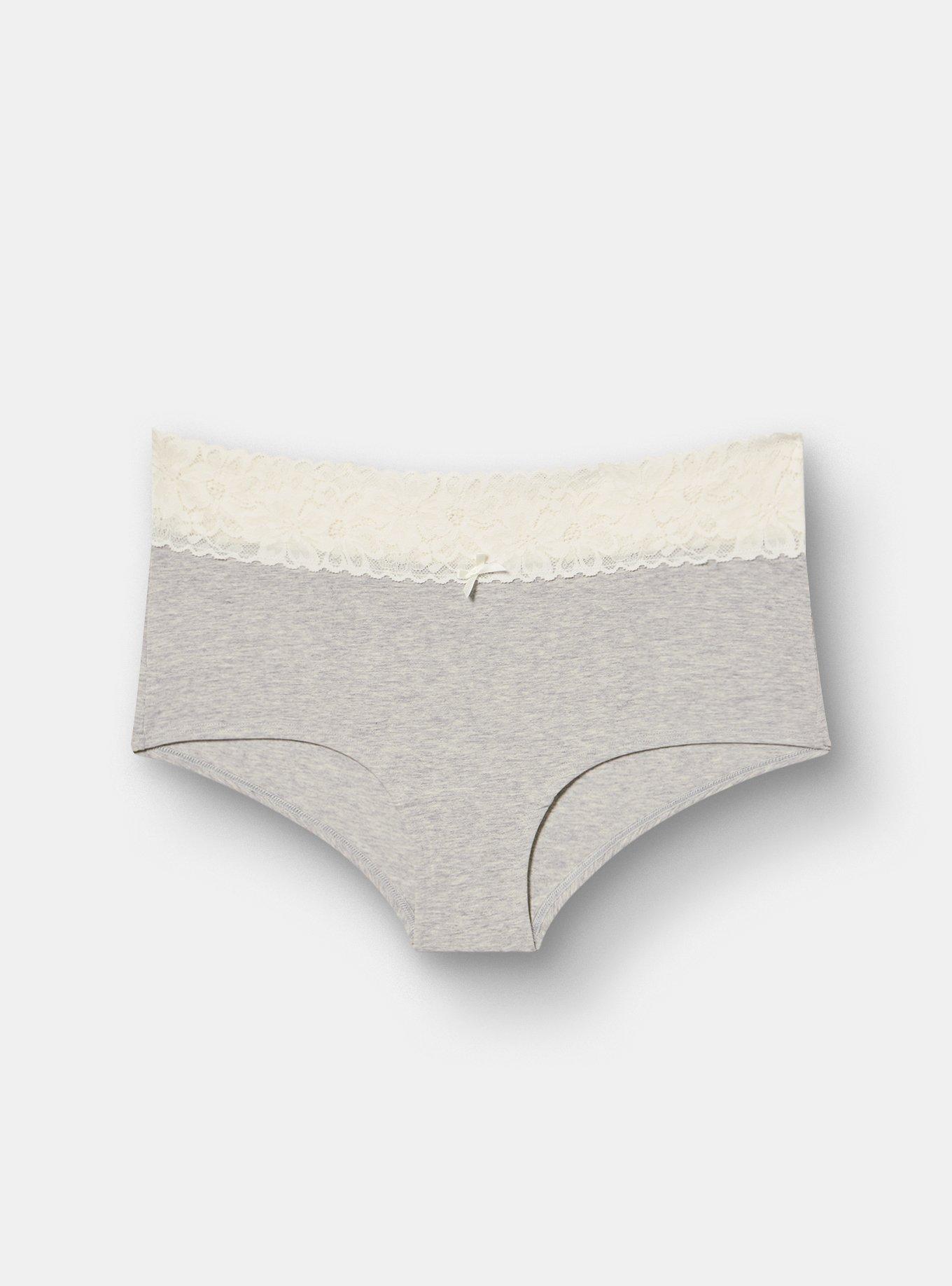 Plus Size Cotton Mid-Rise Lace Trim Boyshort Panty, LIGHTEST HEATHER GREY, hi-res