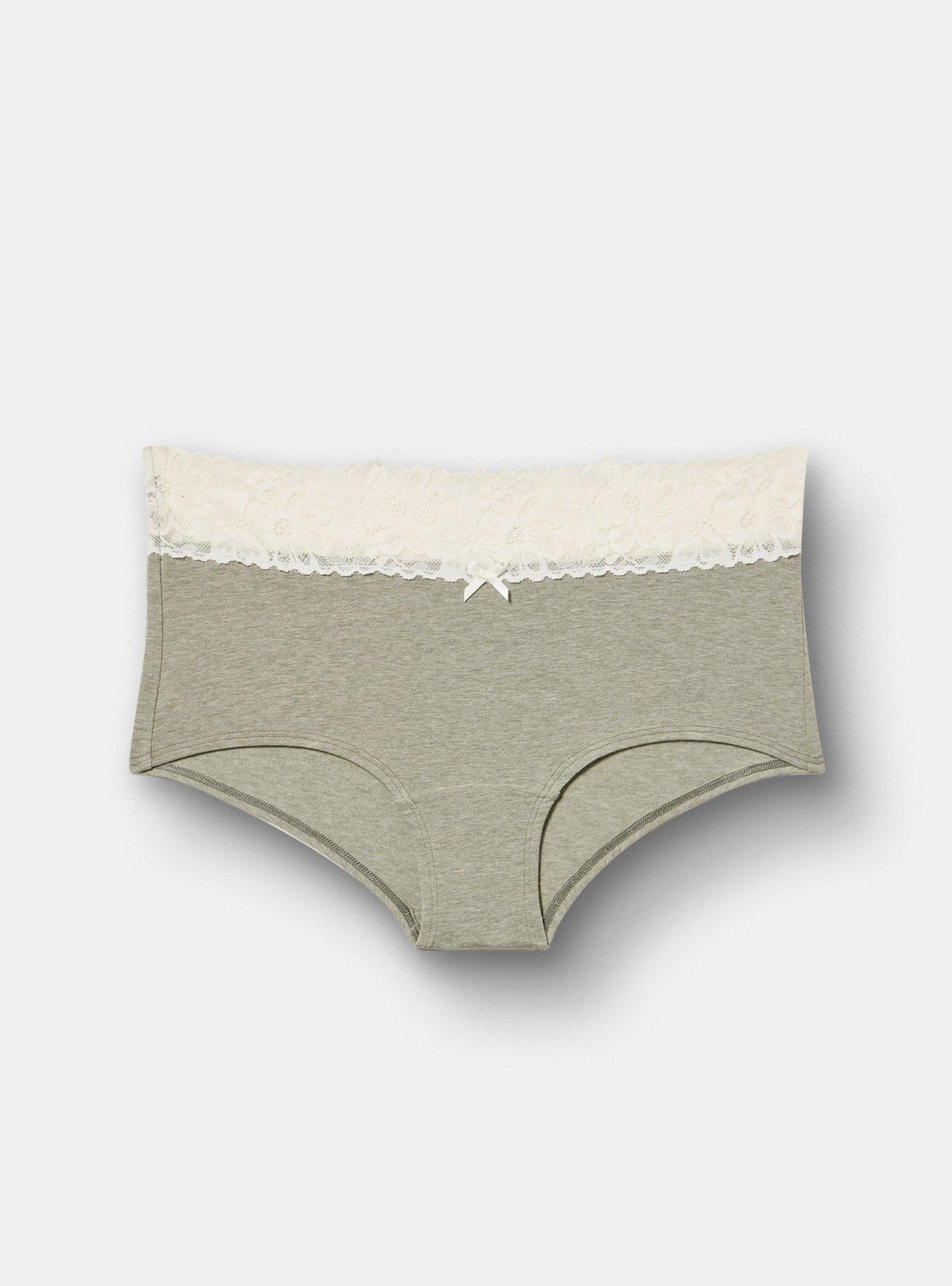 Plus Size Cotton Mid-Rise Lace Trim Boyshort Panty, AGAVE GREEN HEATHER, hi-res