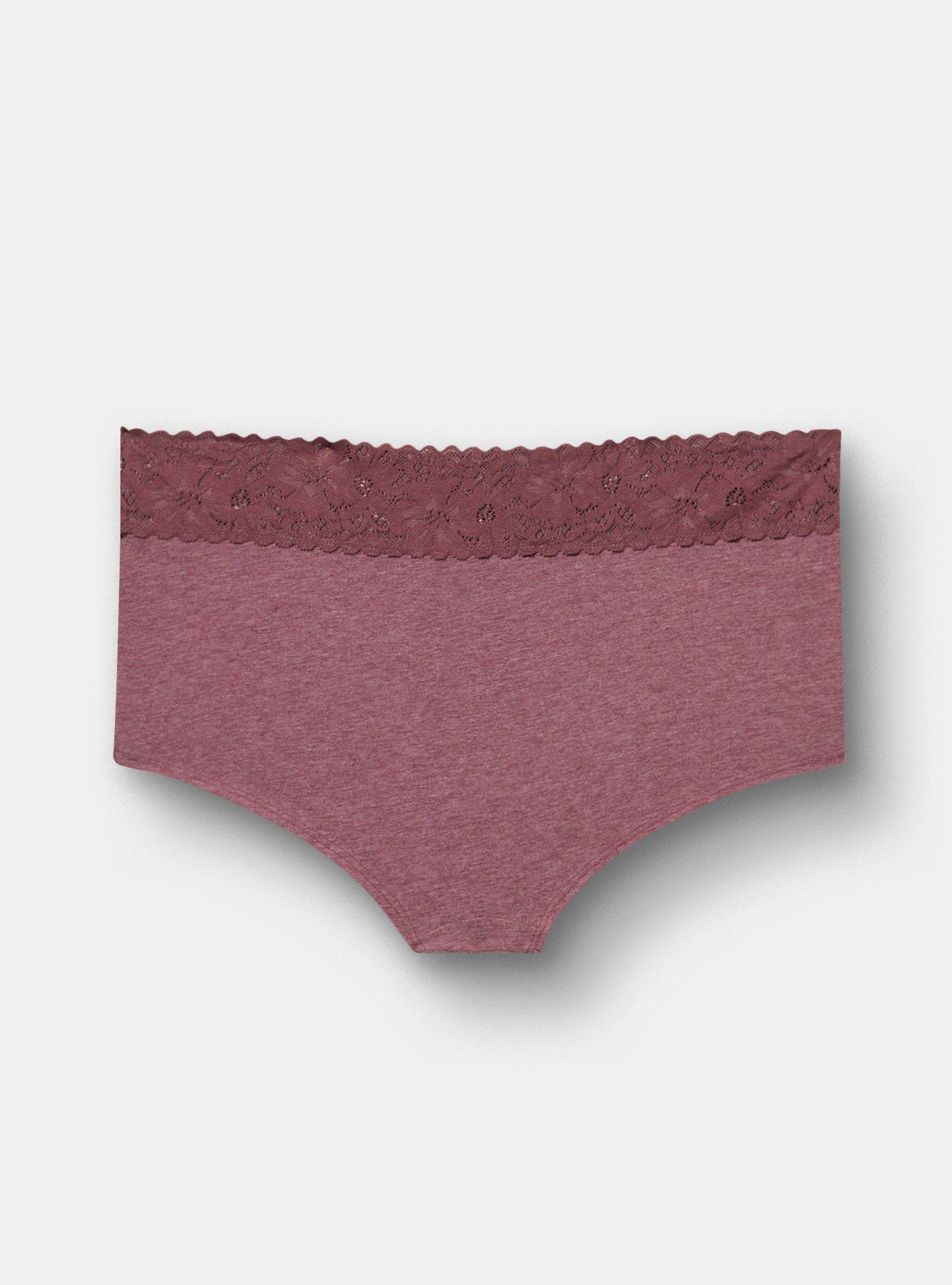 Plus Size Cotton Mid-Rise Lace Trim Boyshort Panty, PLUM WINE HEATHER, alternate
